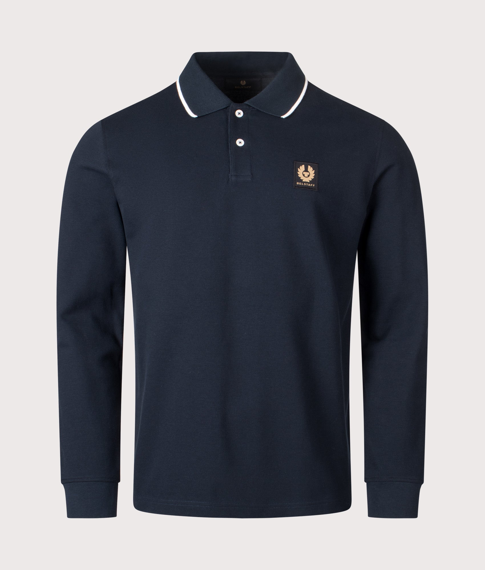 Tipped Long Sleeve Polo Shirt in Dark Ink | 100% Cotton | Belstaff | EQVVS | Font shot 