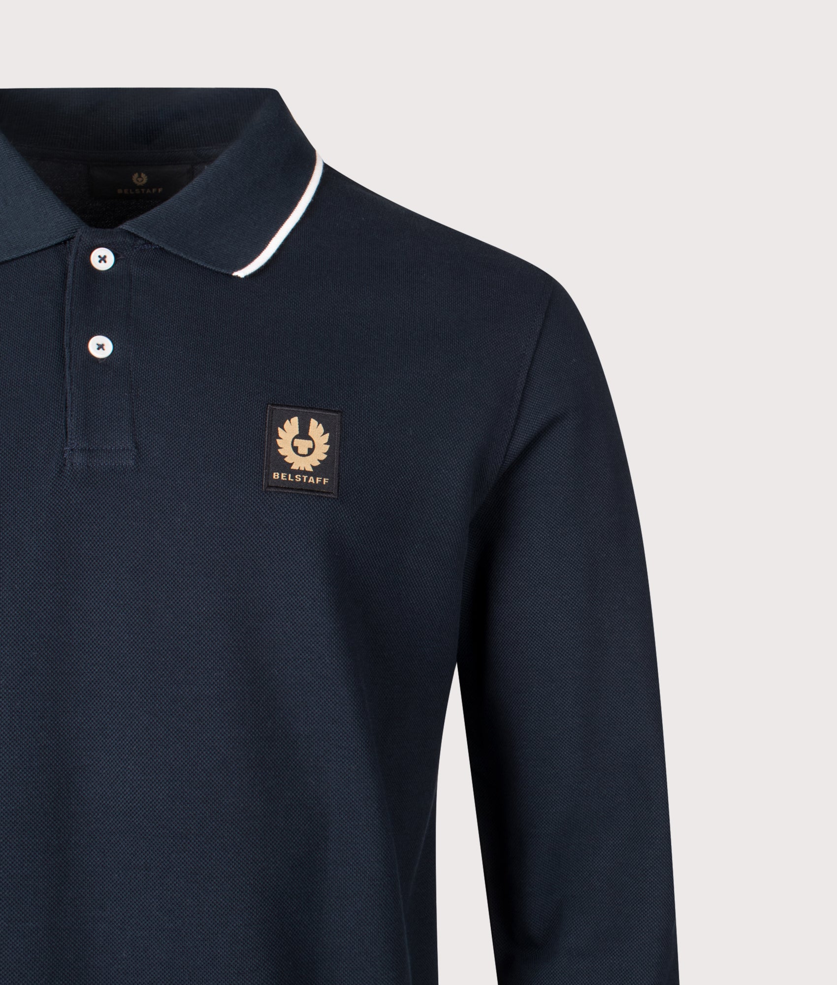 Tipped Long Sleeve Polo Shirt in Dark Ink | 100% Cotton | Belstaff | EQVVS | Front detail shot 