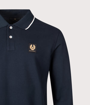 Tipped Long Sleeve Polo Shirt in Dark Ink | 100% Cotton | Belstaff | EQVVS | Front detail shot 