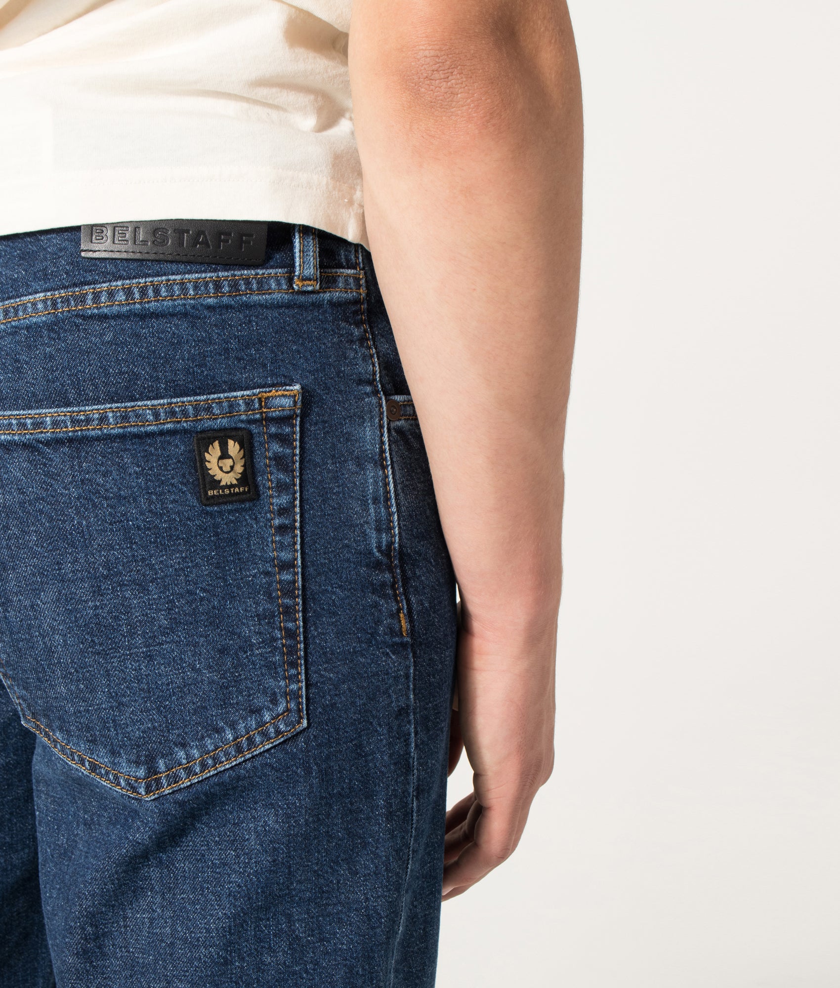 Belstaff Regular Fit B69 Jeans in Washed Indigo at EQVVS Menswear. Back detail shot.