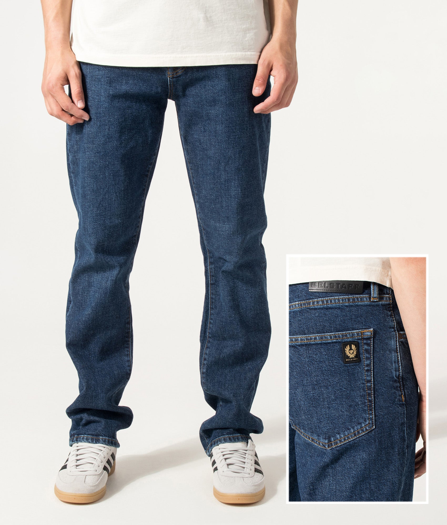 Belstaff Regular Fit B69 Jeans in Washed Indigo at EQVVS Menswear. Front and back detail shot.