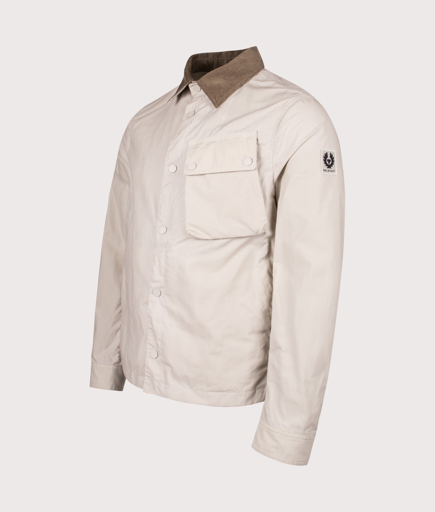 Belstaff Ground Jacket in Silver Birch at EQVVS Menswear. Angled front shot.