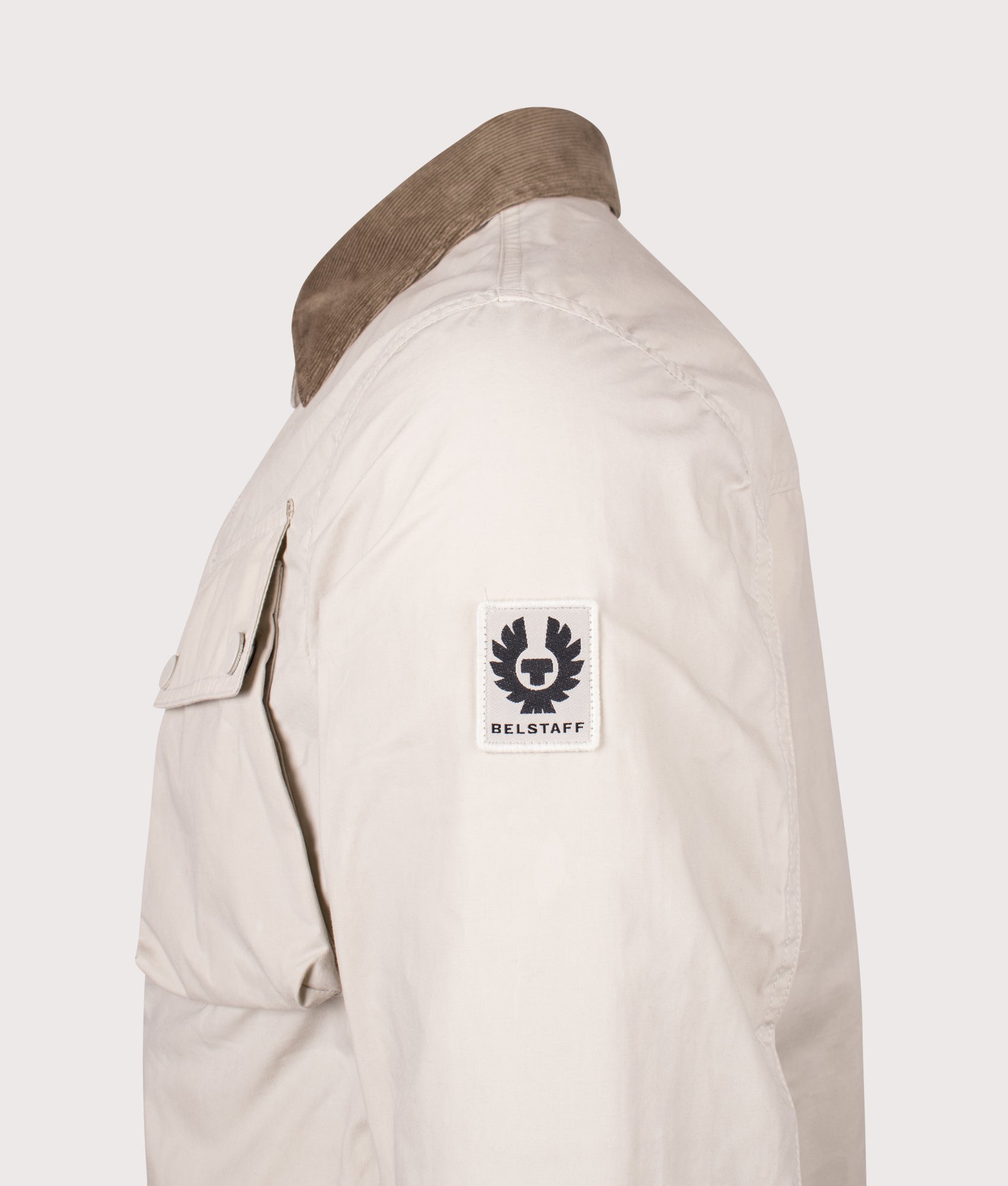 Belstaff Ground Jacket in Silver Birch at EQVVS Menswear. Side detail shot.