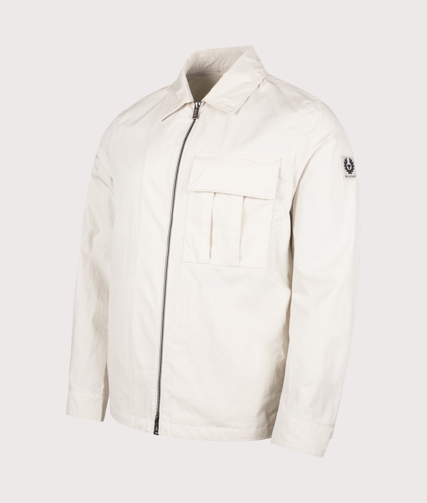 Cargo Overshirt in Silver Birch by Belstaff. Shot by EQVVS. Front angled shot.
