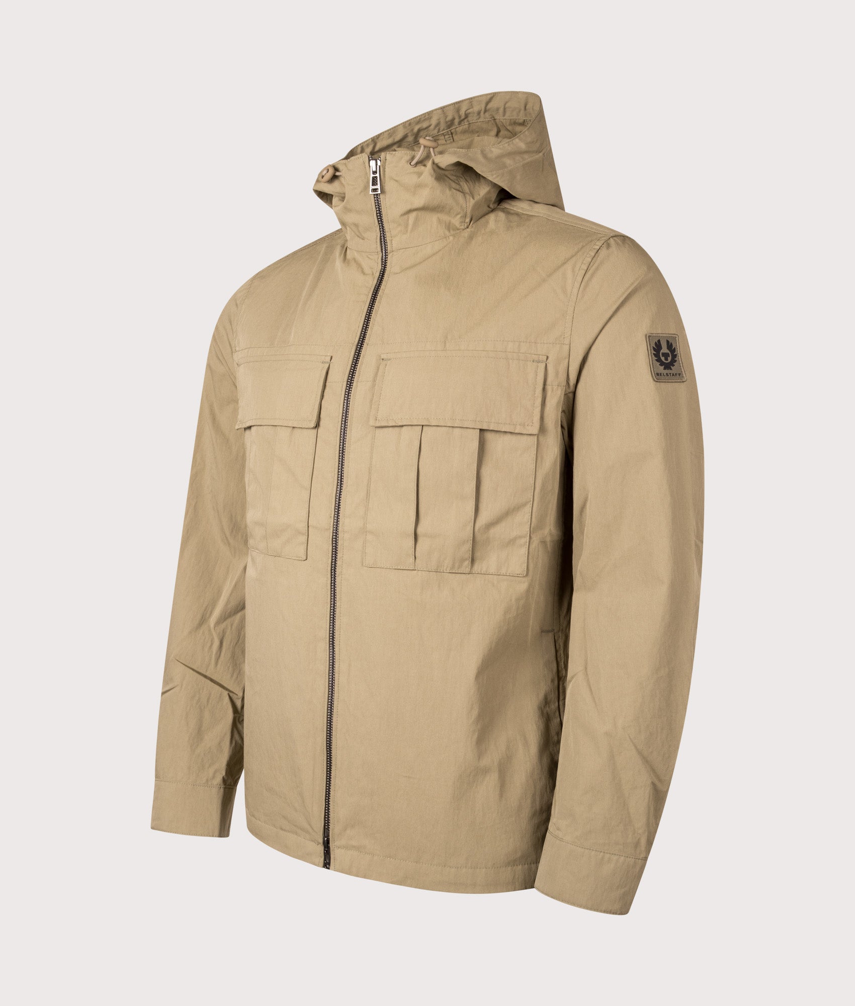 Belstaff Container Overshirt in Fatigue Green at EQVVS Menswear. Angled front shot.