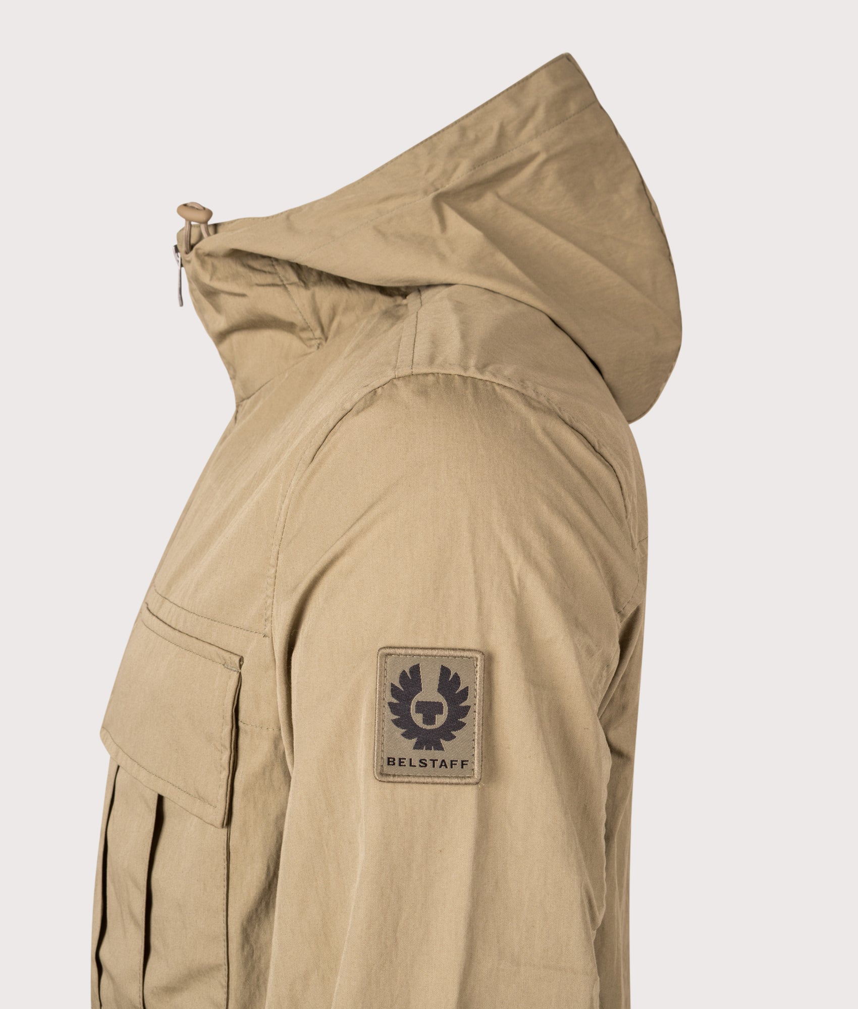 Belstaff Container Overshirt in Fatigue Green at EQVVS Menswear. Detail shot.