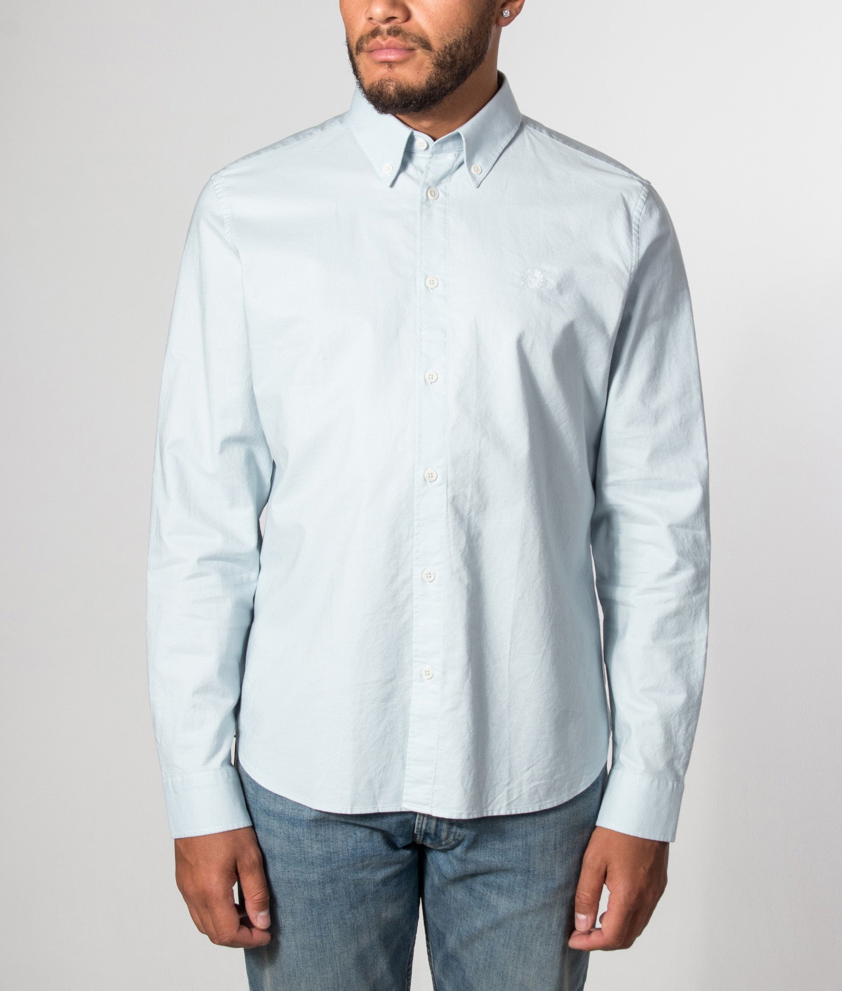 Belstaff Slim Fit Street Shirt in Sky Blue at EQVVS Menswear. Model front shot.