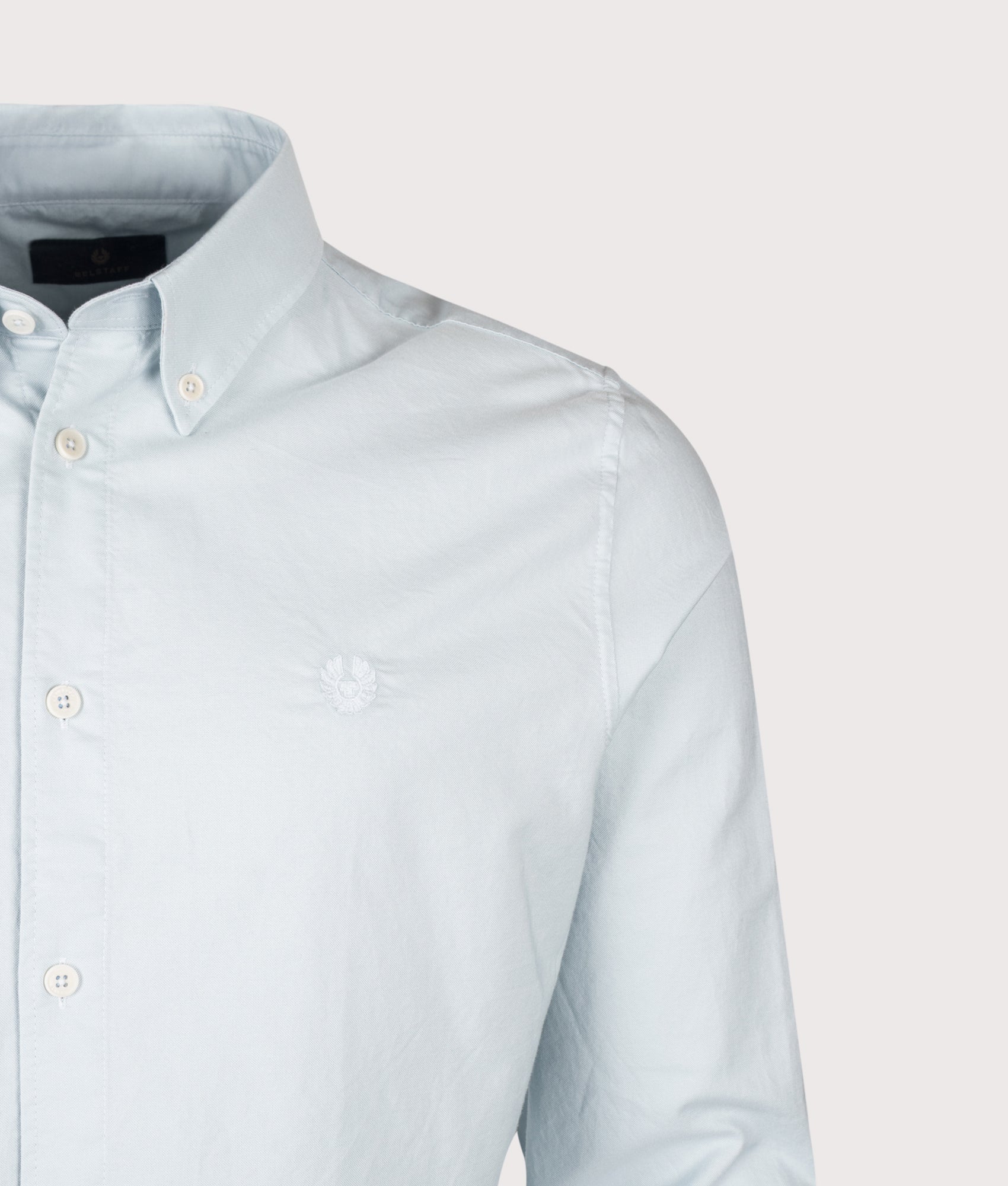 Belstaff Slim Fit Street Shirt in Sky Blue at EQVVS Menswear. Detail shot.