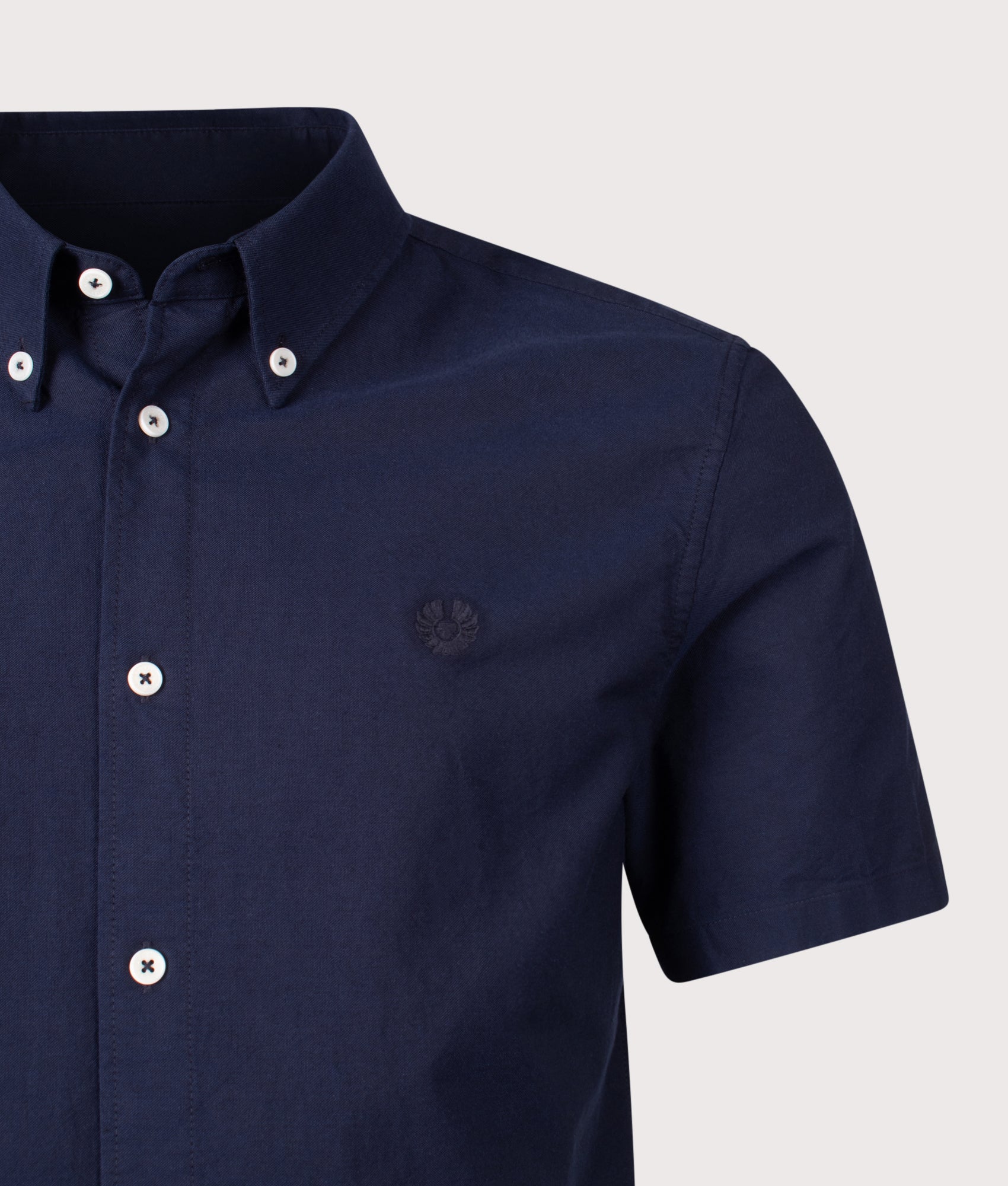 Belstaff Slim Fit Short Sleeve Street Shirt in Dark Ink at EQVVS Menswear. Detail shot.