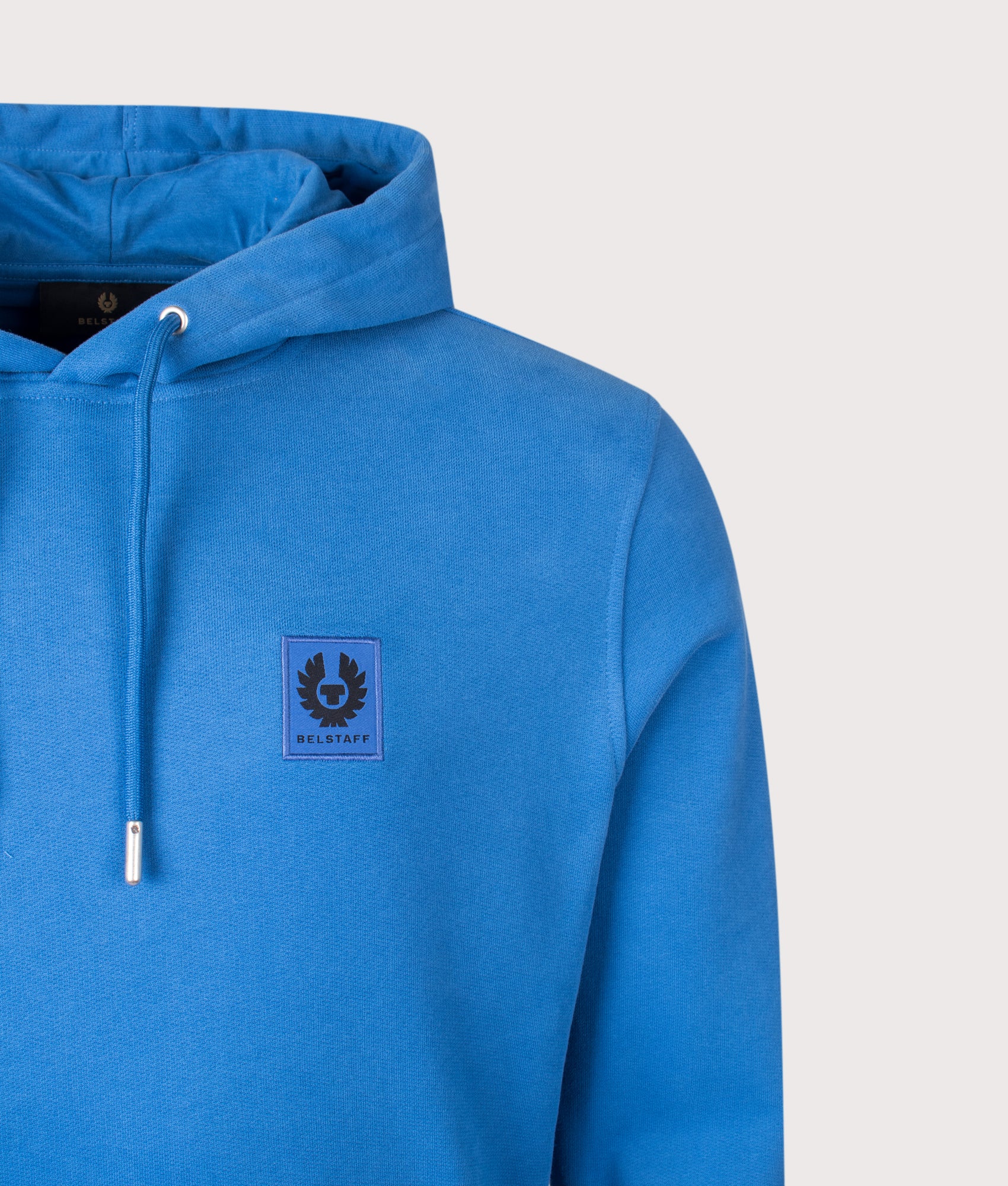 Belstaff Hoodie in Marine Blue at EQVVS Menswear. Detail shot.