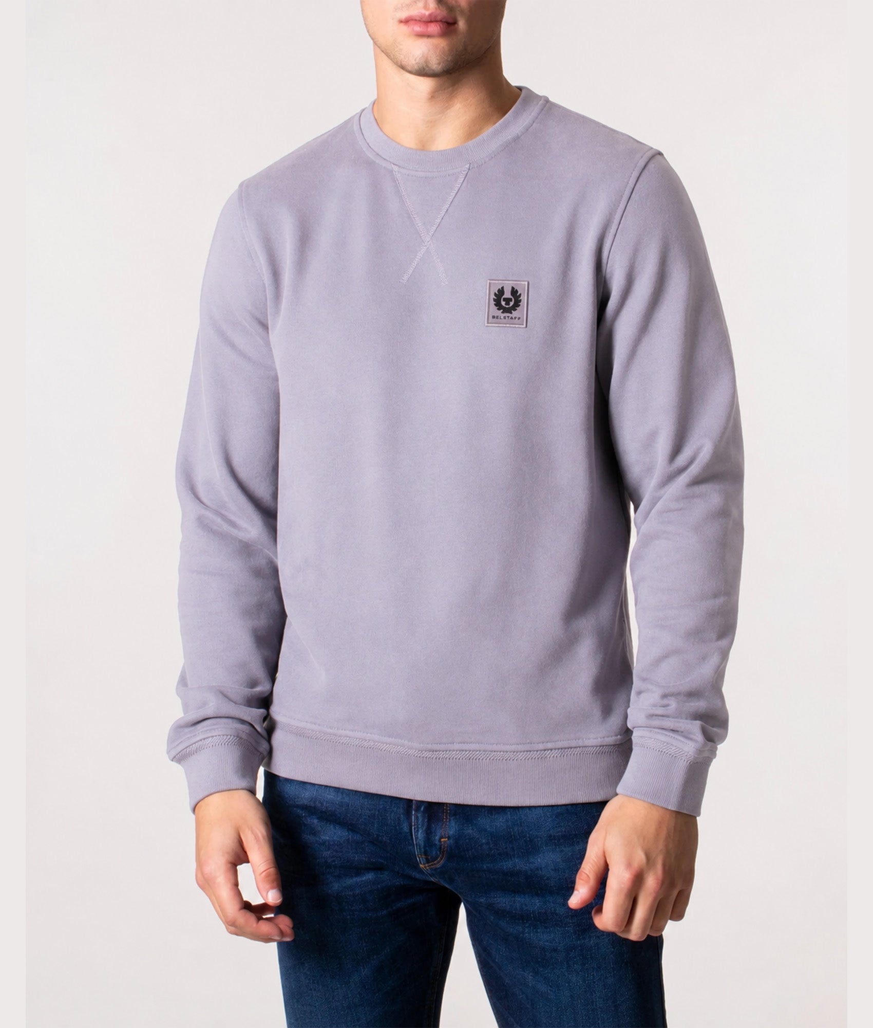 Belstaff Sweatshirt in Faded Indigo at EQVVS Menswear. Model front shot.