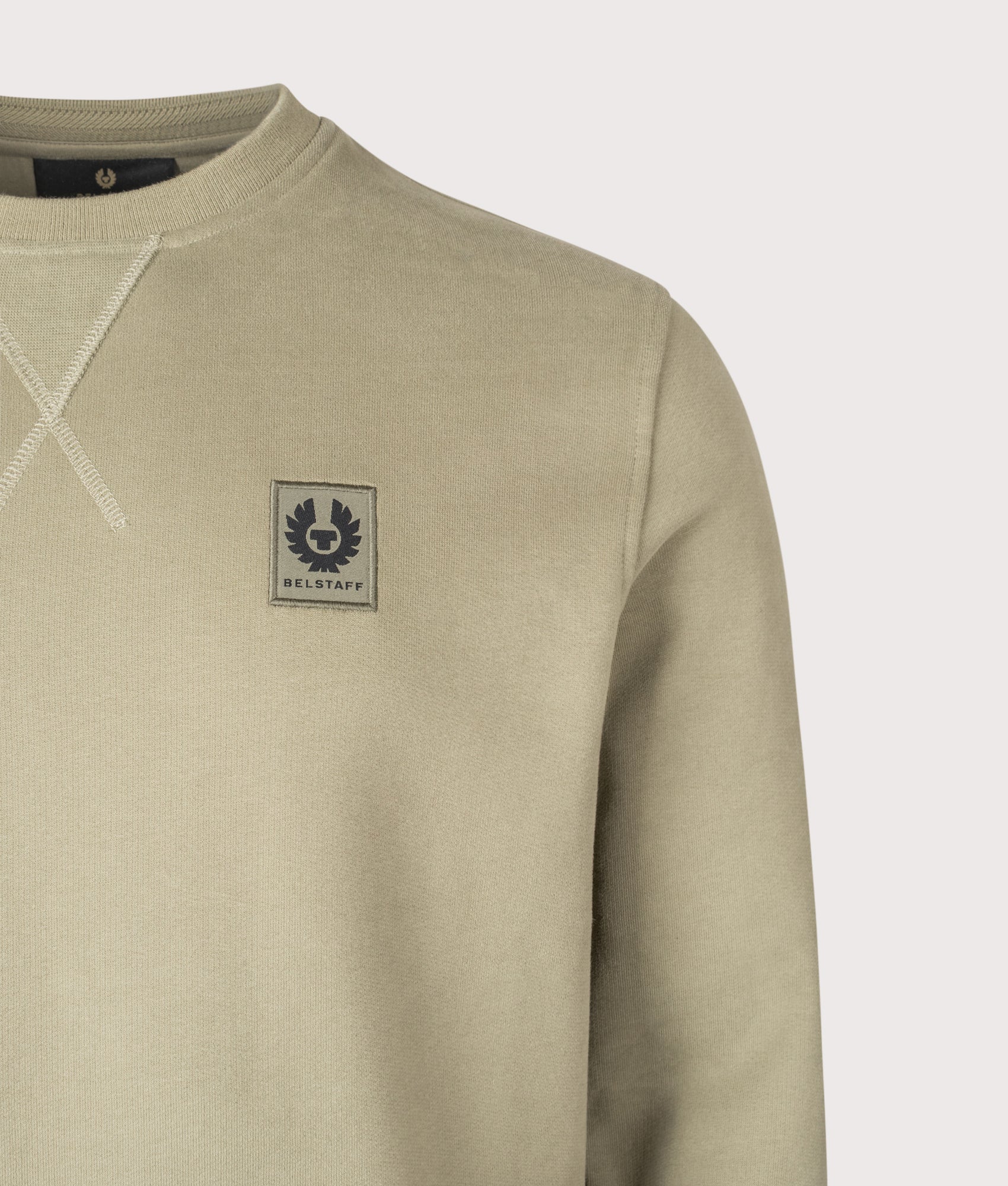 Belstaff sweatshirt in Fatigue Green at EQVVS Menswear. Detail shot.