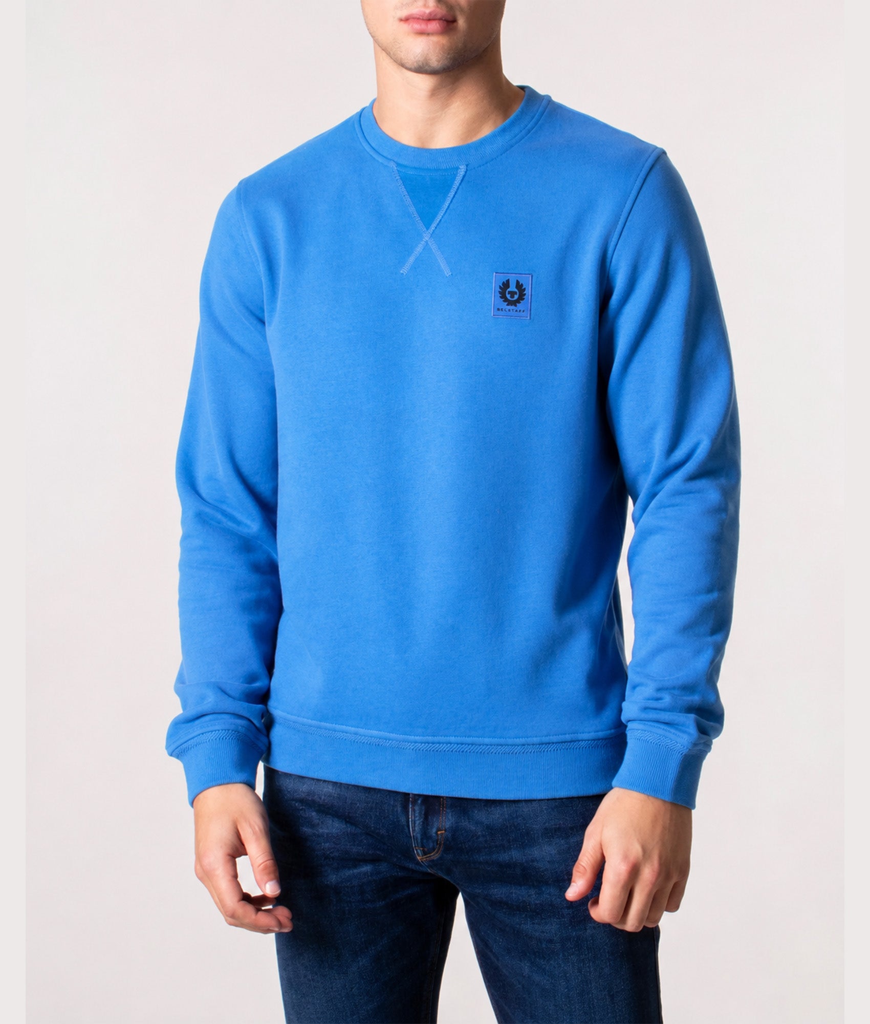 Belstaff Sweatshirt in Marine Blue at EQVVS Menswear. Model front shot.