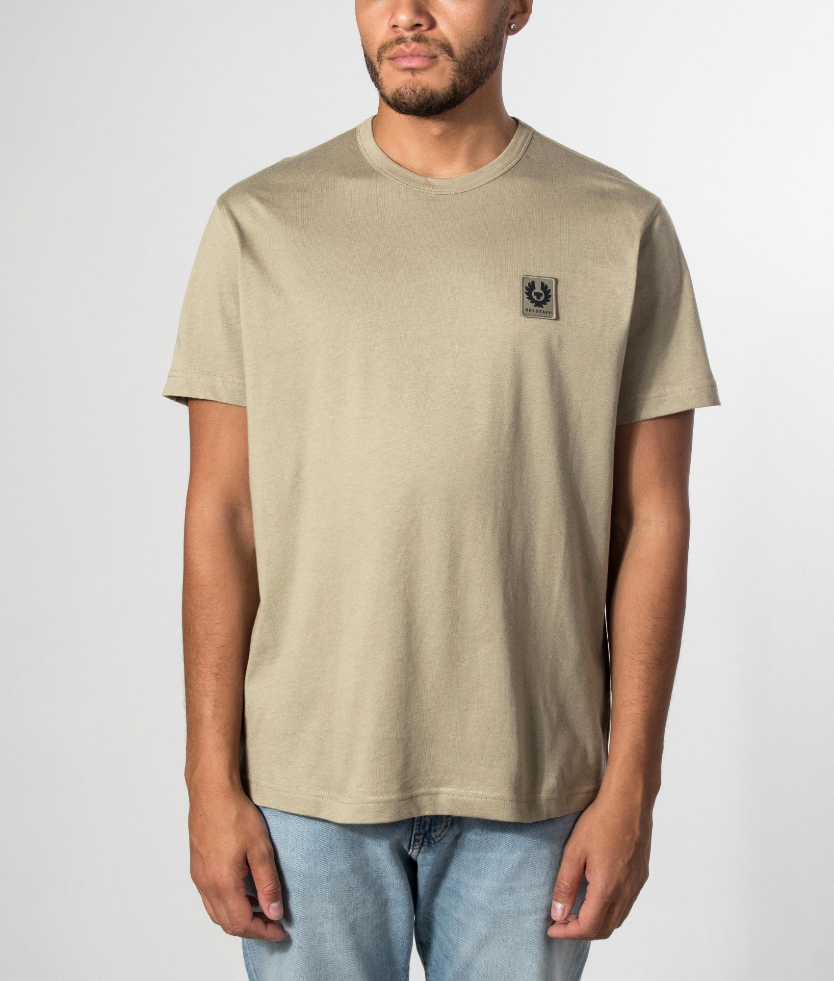 Regular Fit Belstaff T-Shirt in Fatigue Green  at EQVVS Menswear. Model front shot.