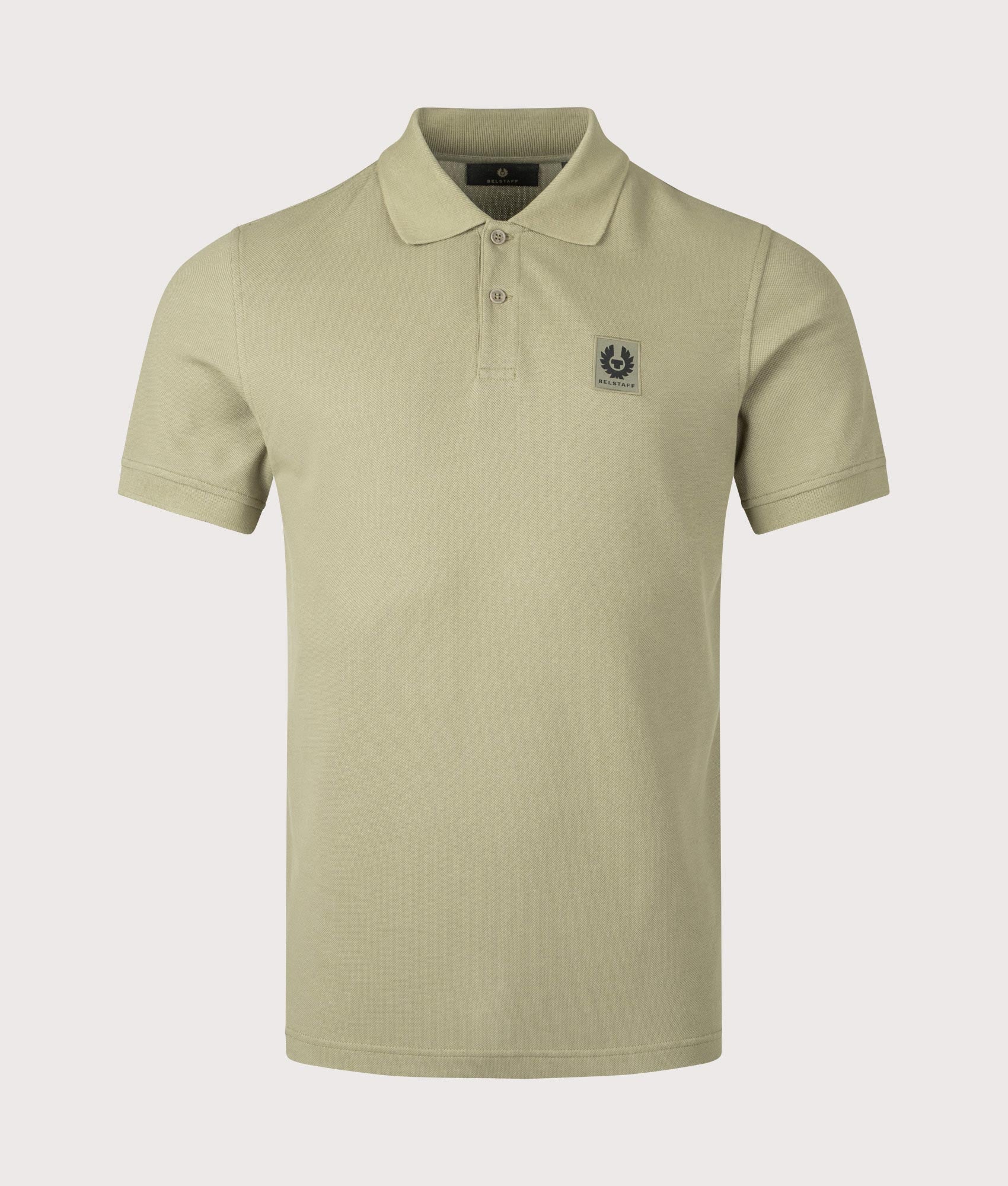 Belstaff Polo Shirt in Fatigue Green at EQVVS Menswear. Front shot.