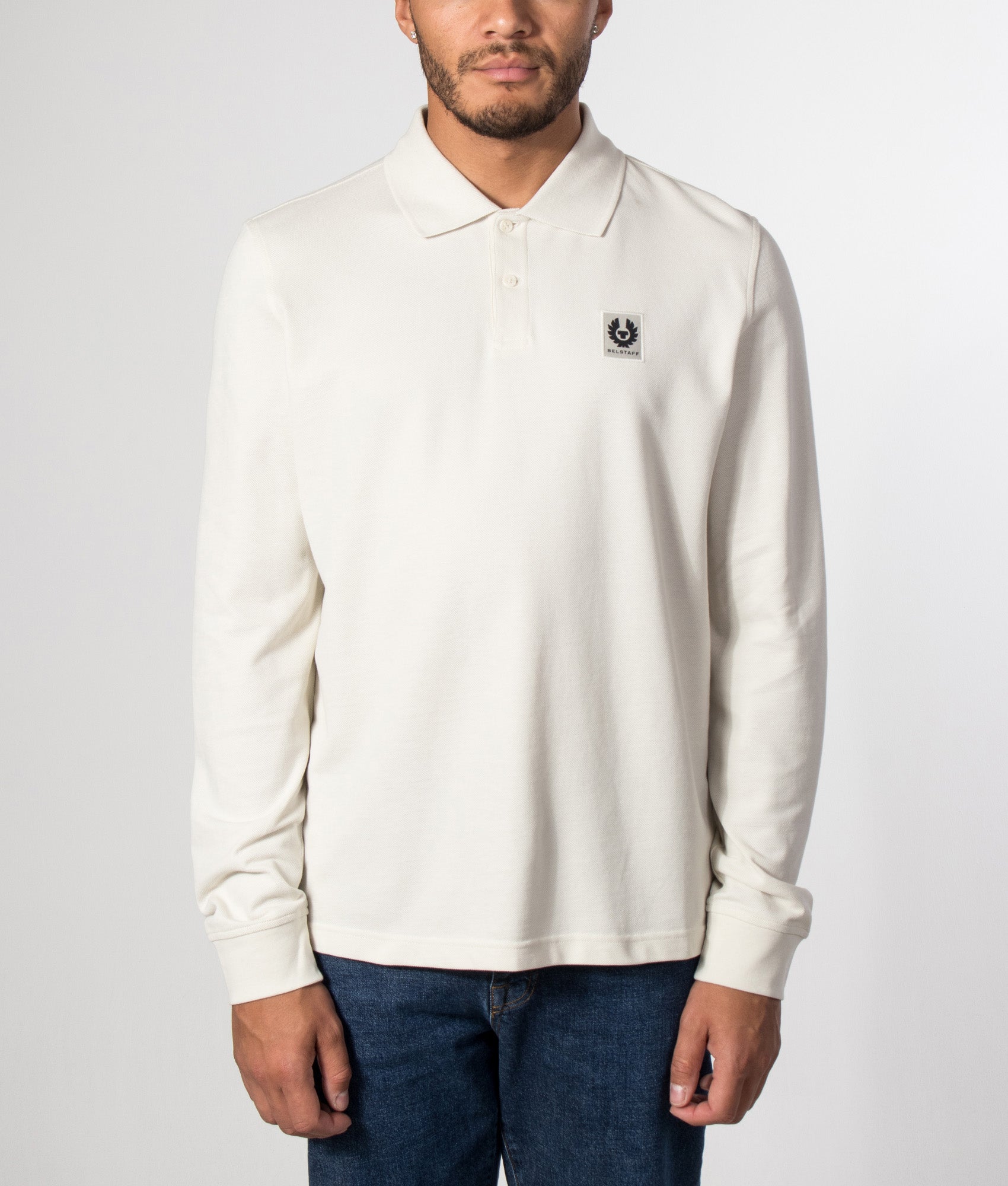Belstaff Long Sleeved Polo Shirt in Silver Birch at EQVVS Menswear. Model front shot.