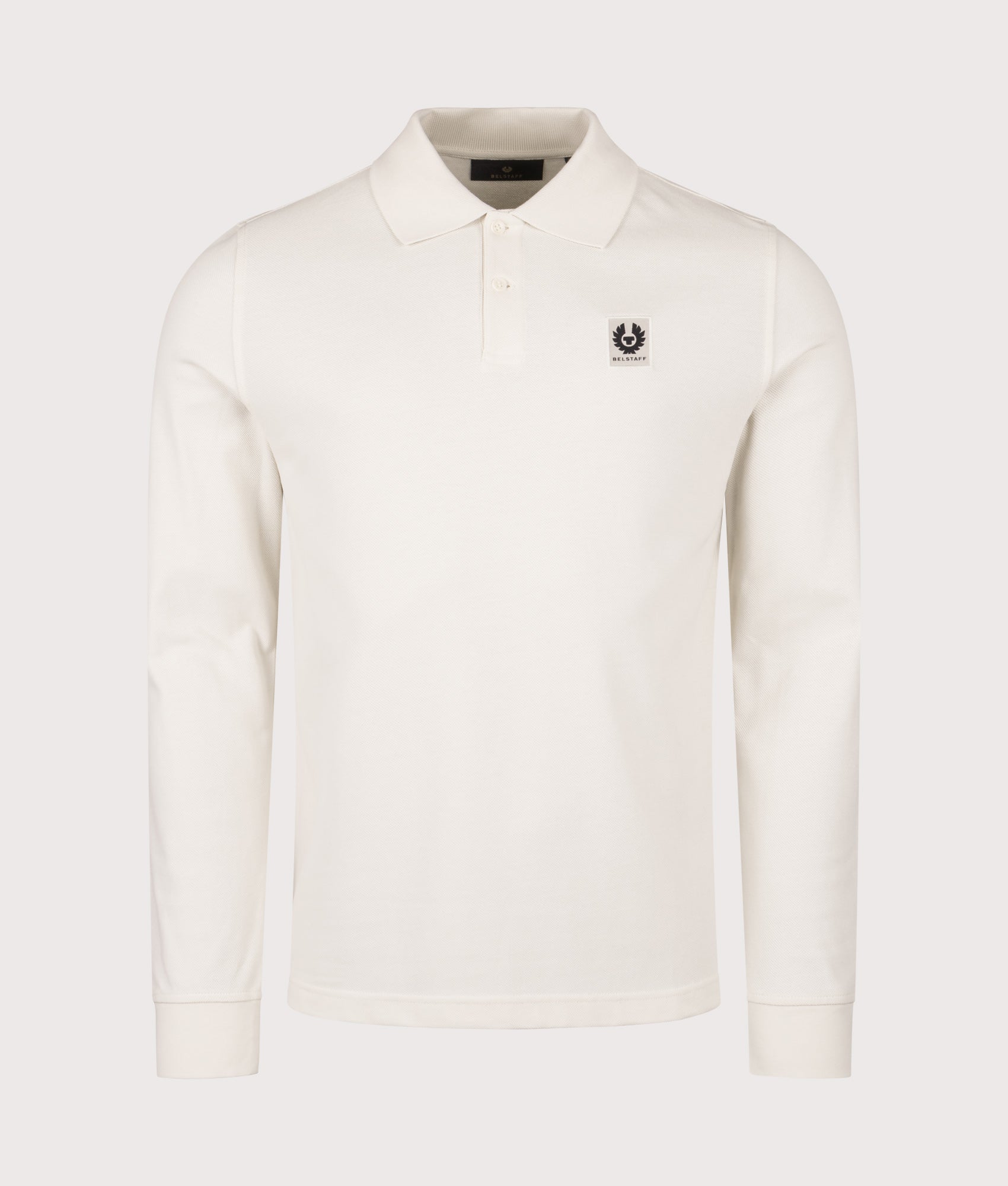 Belstaff Long Sleeved Polo Shirt in Silver Birch at EQVVS Menswear. Front shot.