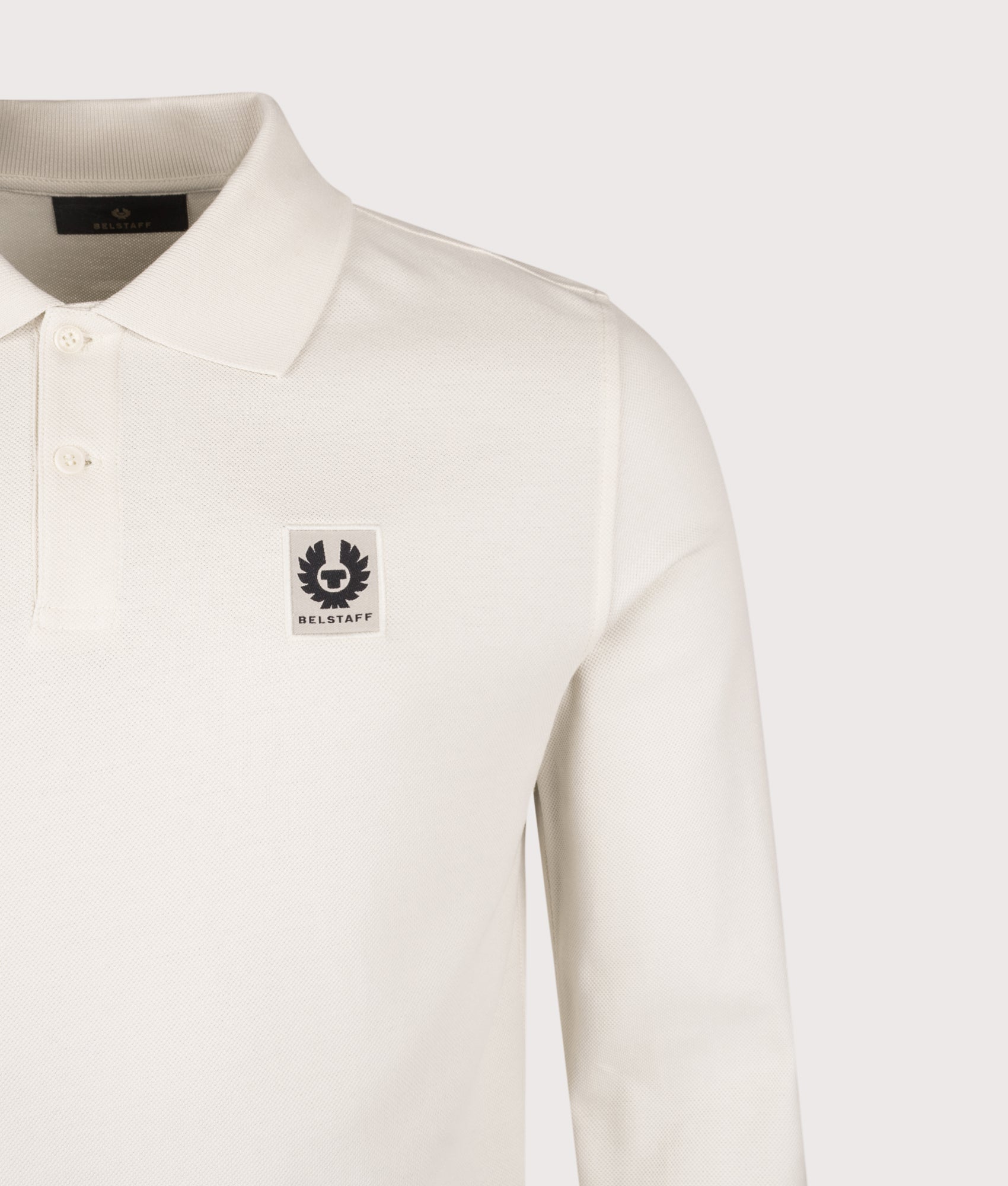 Belstaff Long Sleeved Polo Shirt in Silver Birch at EQVVS Menswear. Detail shot.