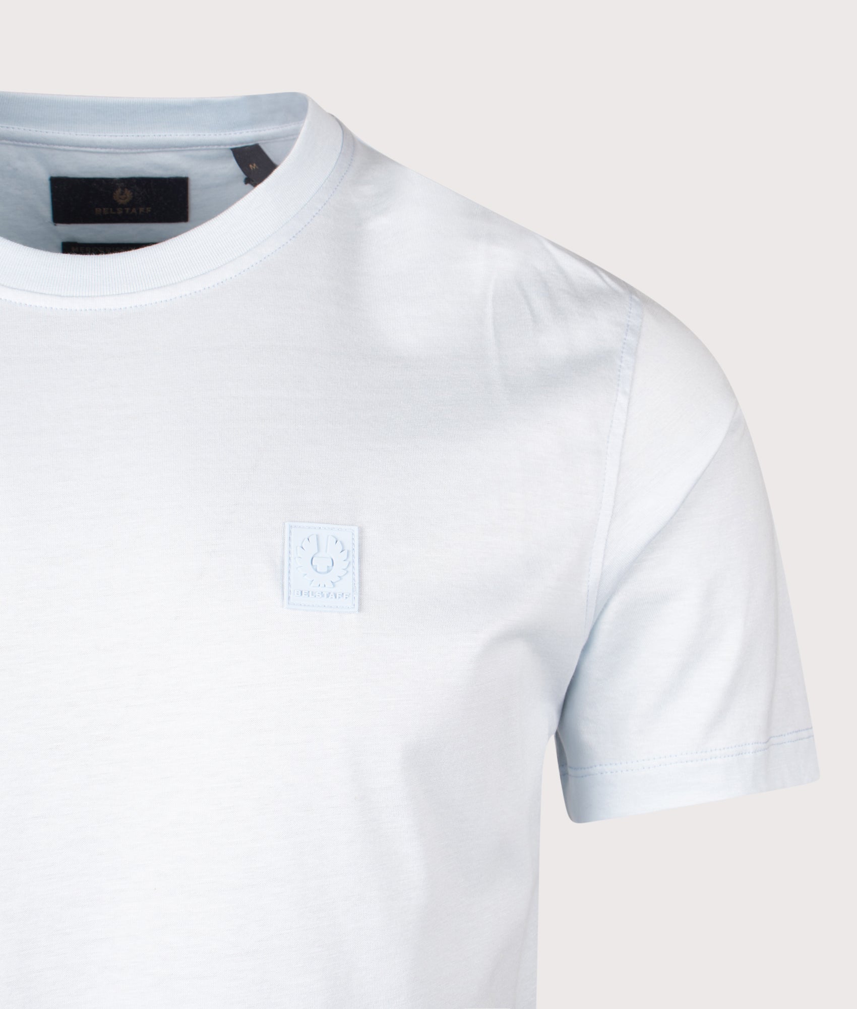 Belstaff Steel T-Shirt in Sky Blue at EQVVS Menswear. Detail shot.