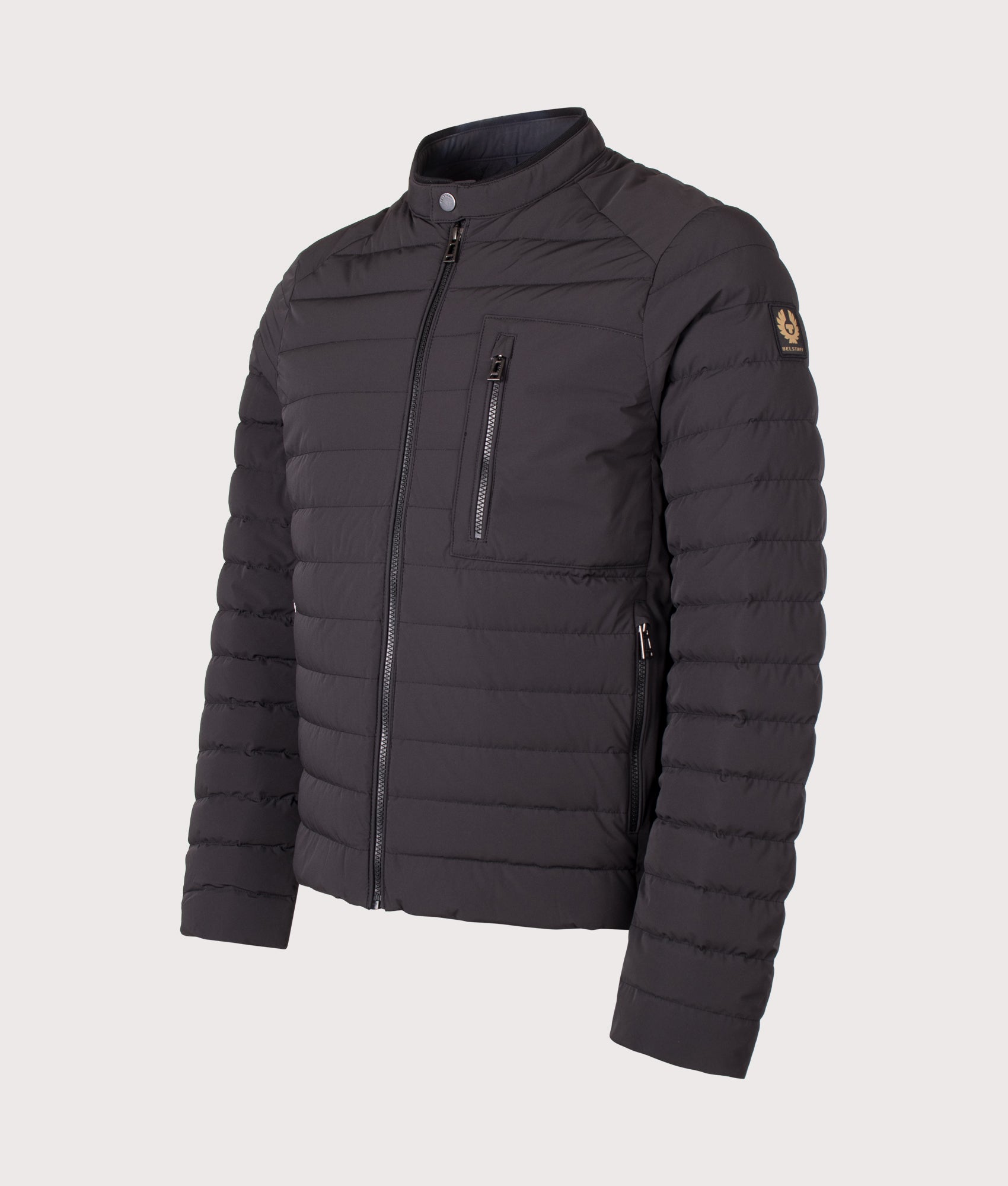 Belstaff Regular Fit Chassis Jacket in Black at EQVVS Menswear. Angled front shot.