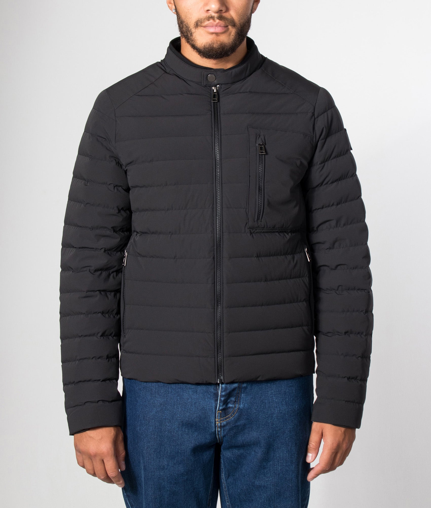 Belstaff Regular Fit Chassis Jacket in Black at EQVVS Menswear. Model front shot.
