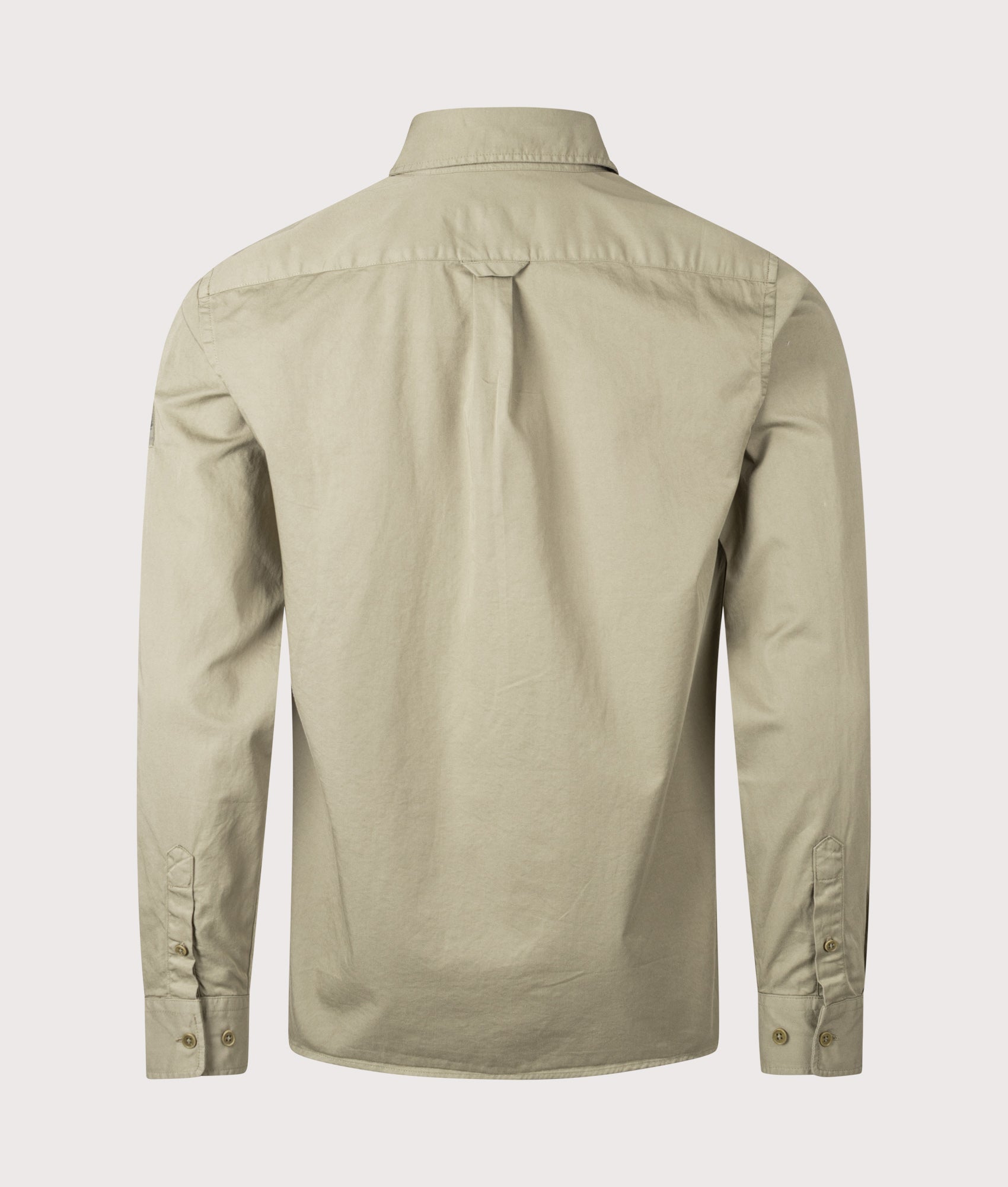 Belstaff Scale Shirt in Fatigue Green at EQVVS Menswear. Back shot.