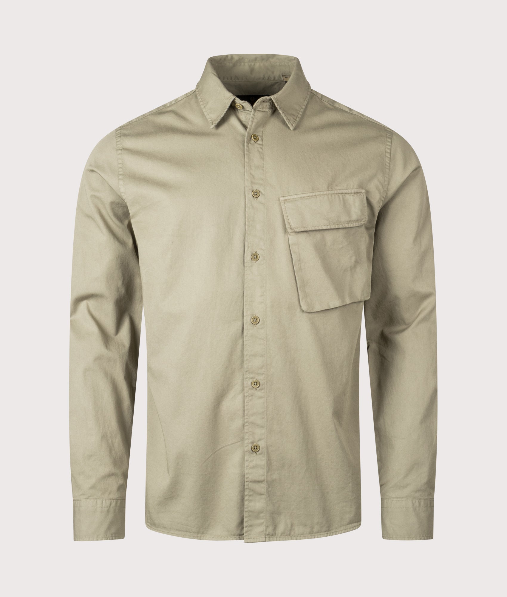 Belstaff Scale Shirt in Fatigue Green at EQVVS Menswear. Front shot.