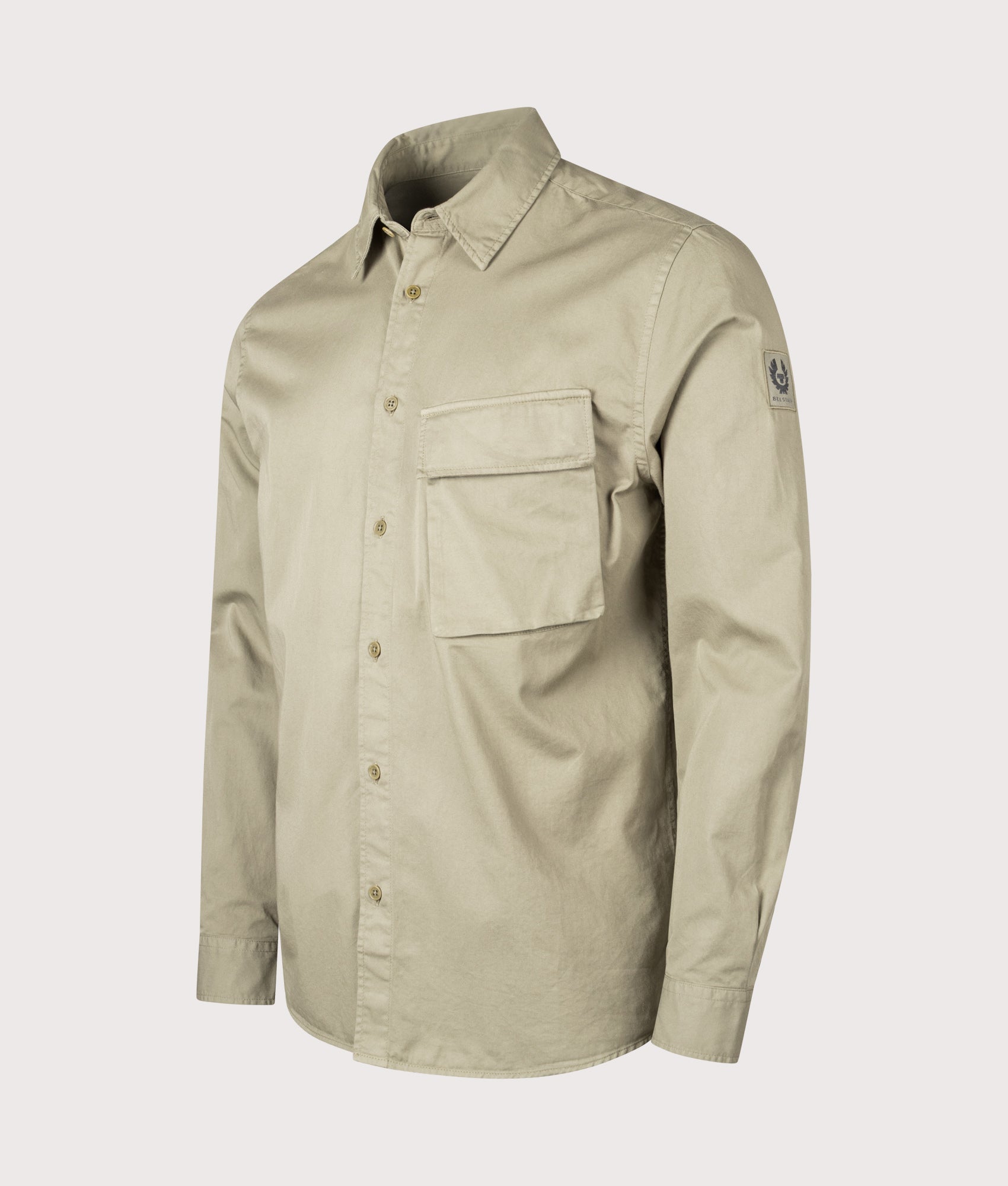 Belstaff Scale Shirt in Fatigue Green at EQVVS Menswear. Angled front shot.