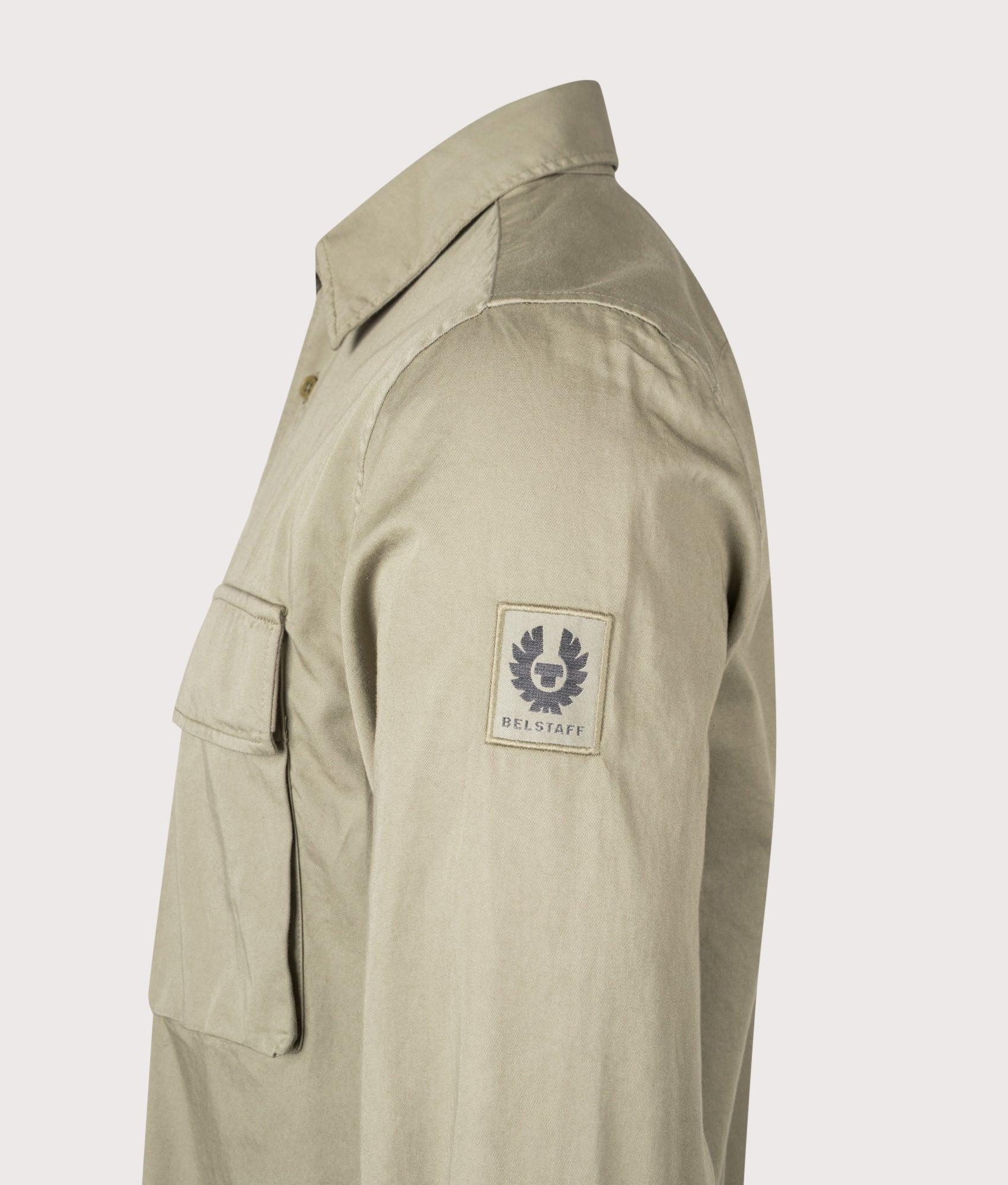 Belstaff Scale Shirt in Fatigue Green at EQVVS Menswear. Side detail shot.