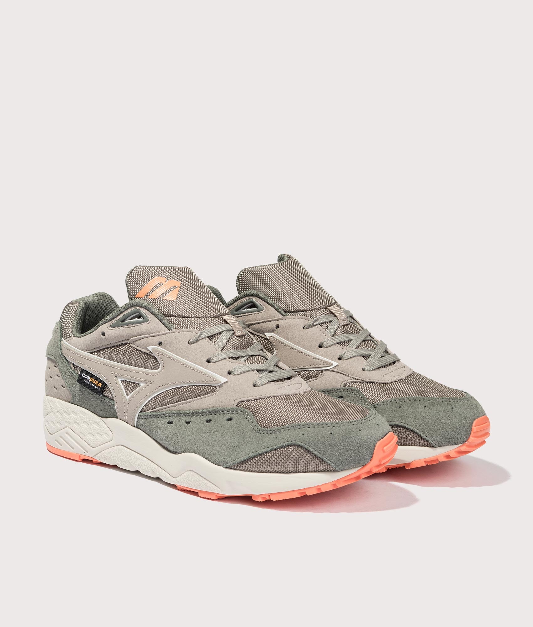 Mizuno Contender Cordura Sneakers in Agave Green, Vintage Khaki, and Vibrant Orange. Angle shot at EQVVS.