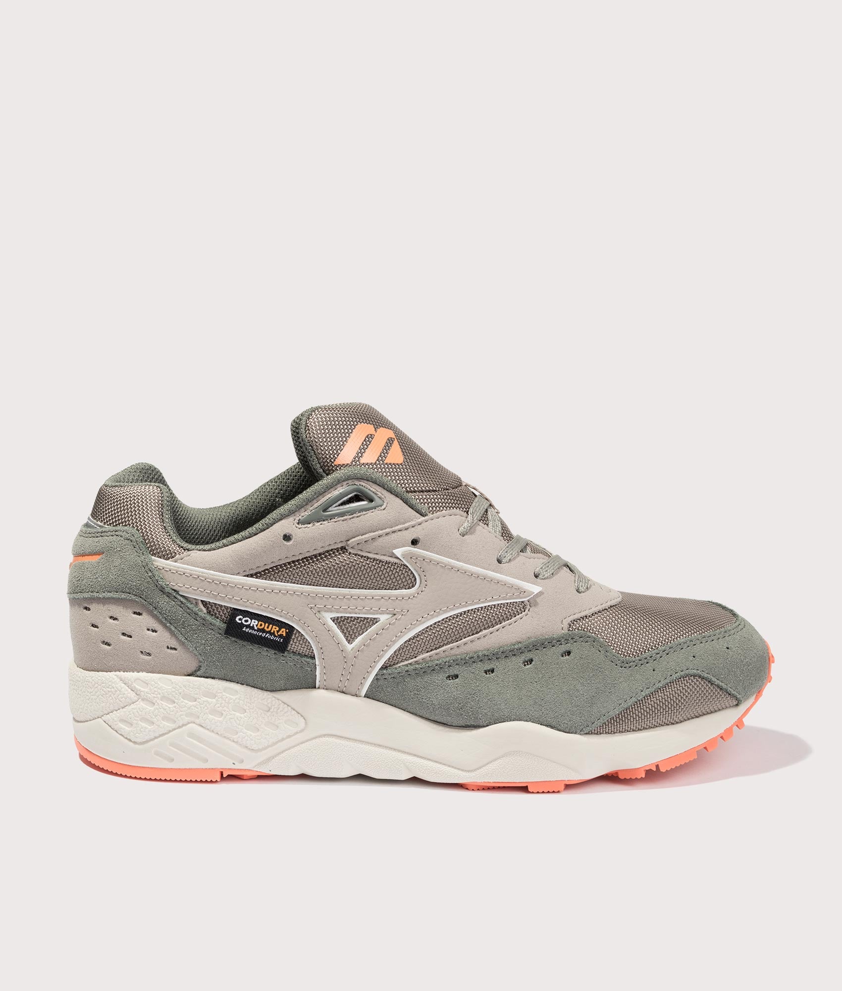 Mizuno Contender Cordura Sneakers in Agave Green, Vintage Khaki, and Vibrant Orange. Side shot at EQVVS.