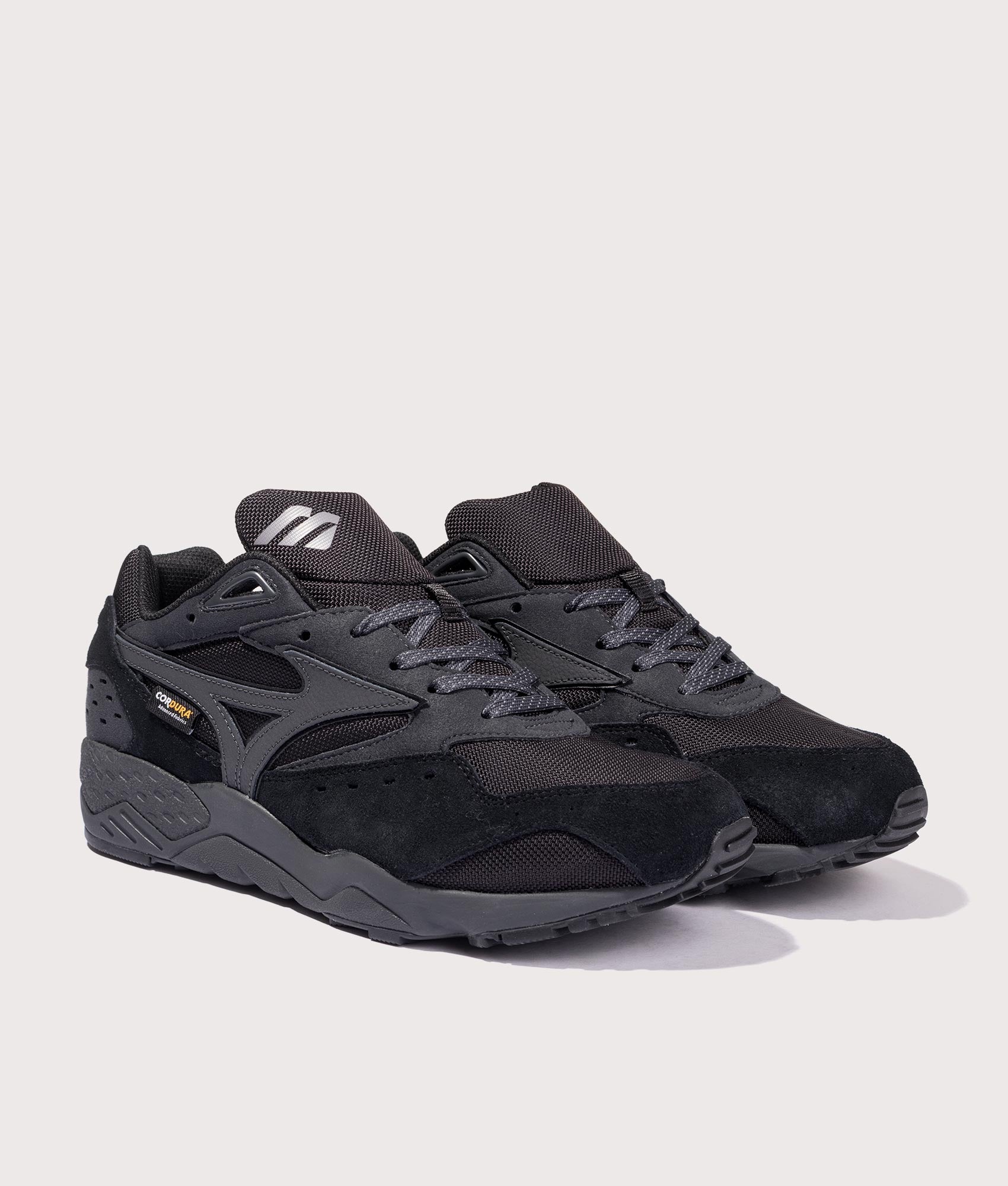 Mizuno Contender Cordura Sneakers in Black and Black Sand. Angle Shot at EQVVS