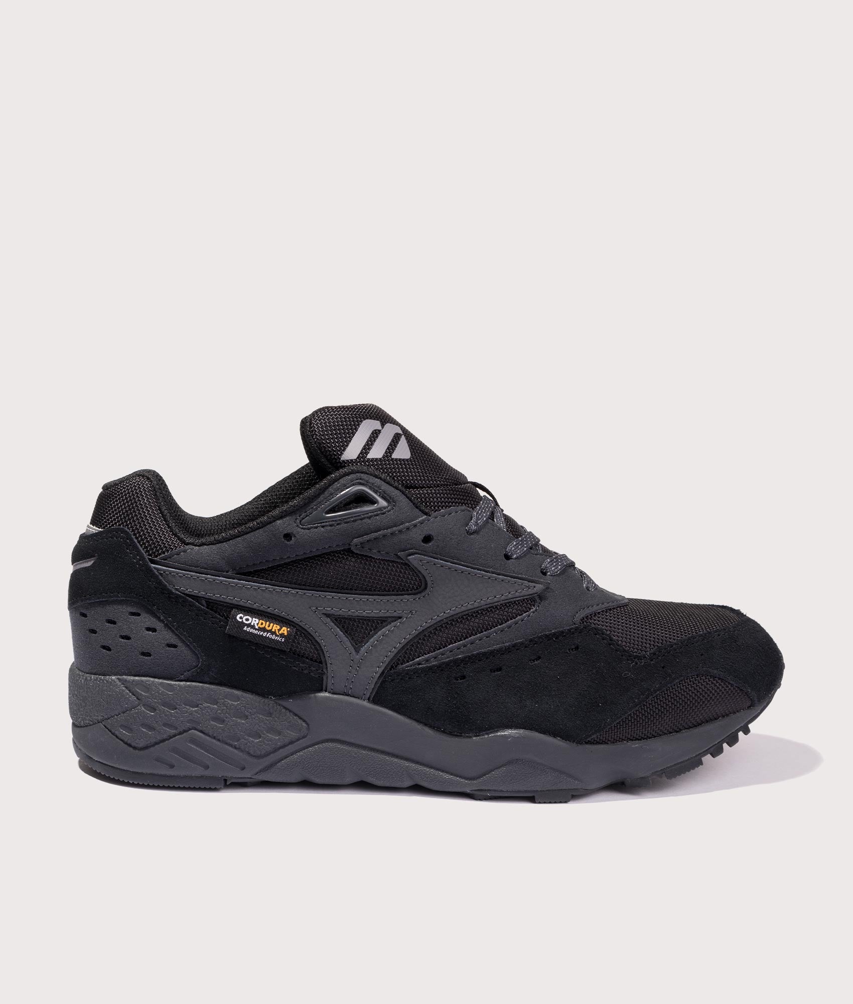 Mizuno Contender Cordura Sneakers in Black and Black Sand. Side Shot at EQVVS