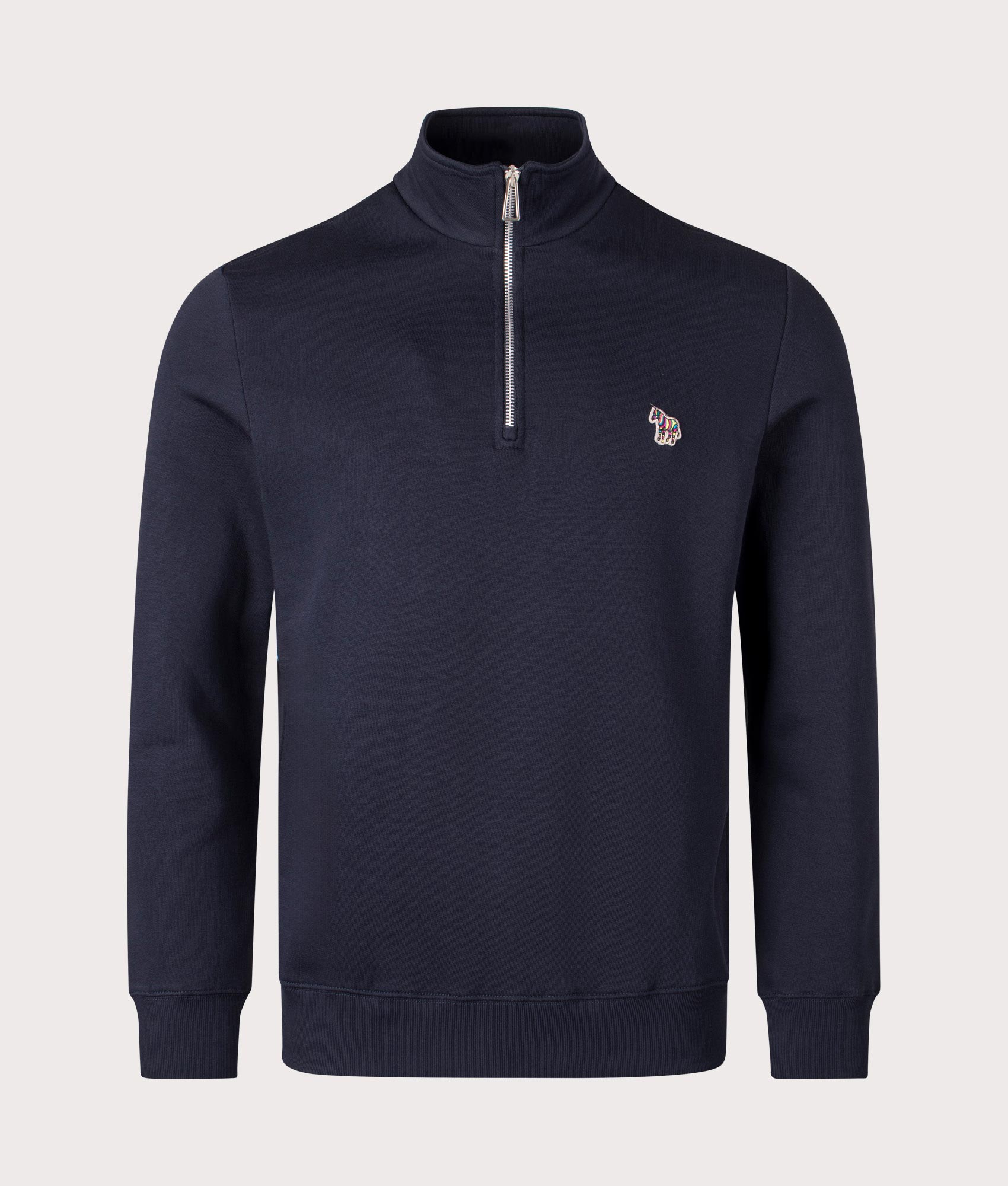 PS Paul Smith Quarter Zip Zebra Logo Sweatshirt in Very Dark Navy at EQVVS Menswear. Front shot.