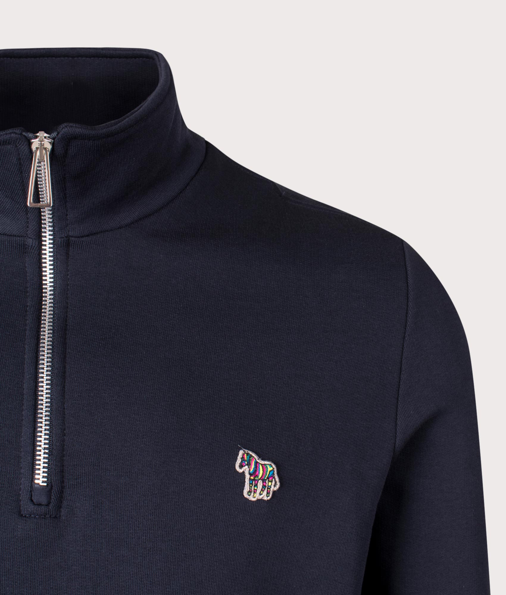 PS Paul Smith Quarter Zip Zebra Logo Sweatshirt in Very Dark Navy at EQVVS Menswear. Detail shot.