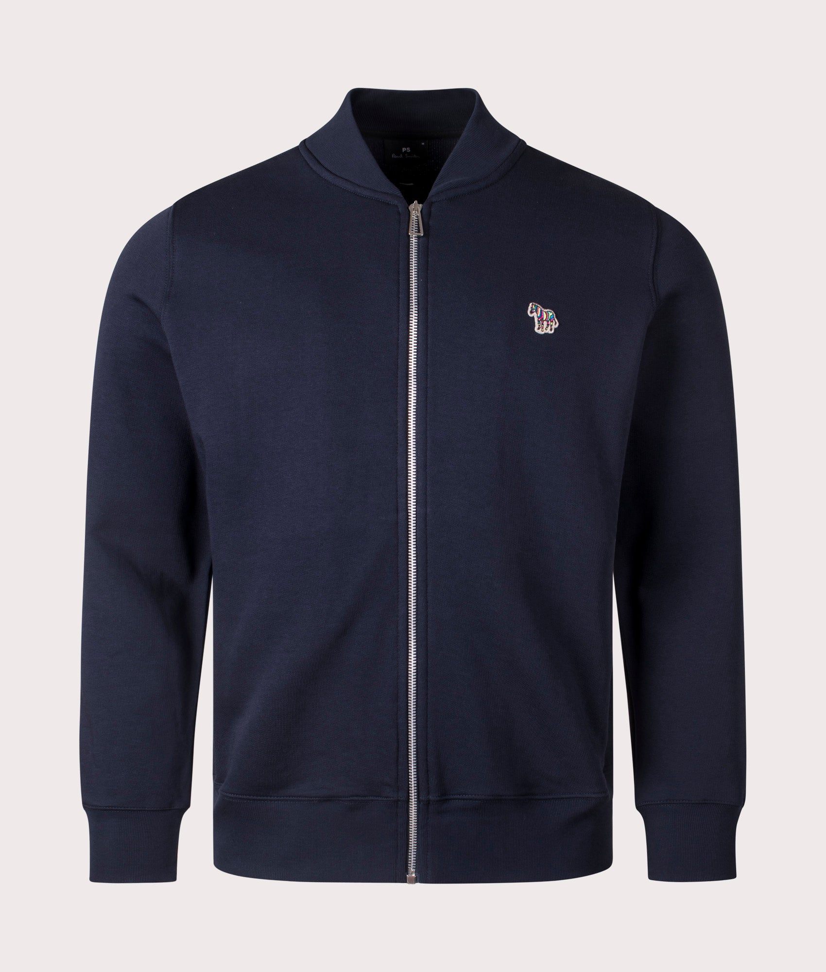 PS Paul Smith Zebra Bomber Zip Through Sweatshirt in Very Dark Navy. Shot at EQVVS. Front shot. 