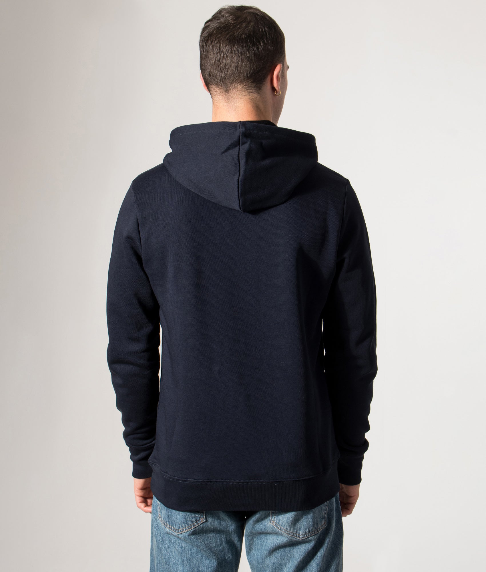 PS Paul Smith Zebra Logo Hoodie in Very Dark Navy at EQVVS Menswear. Model back shot.