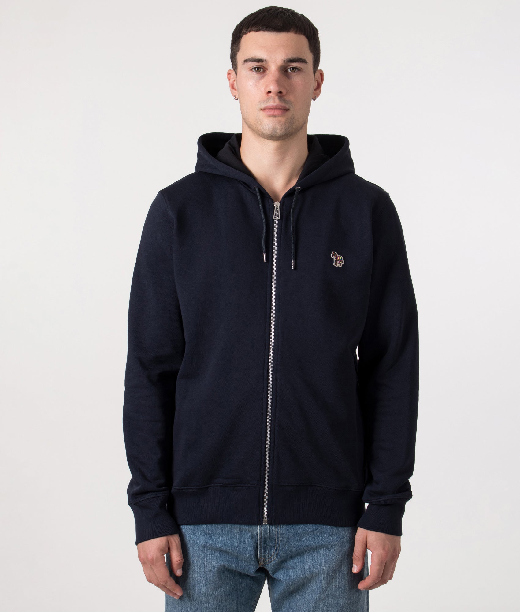 PS Paul Smith Zebra Logo Zip Through Hoodie in Dark Navy at EQVVS Front model Shot