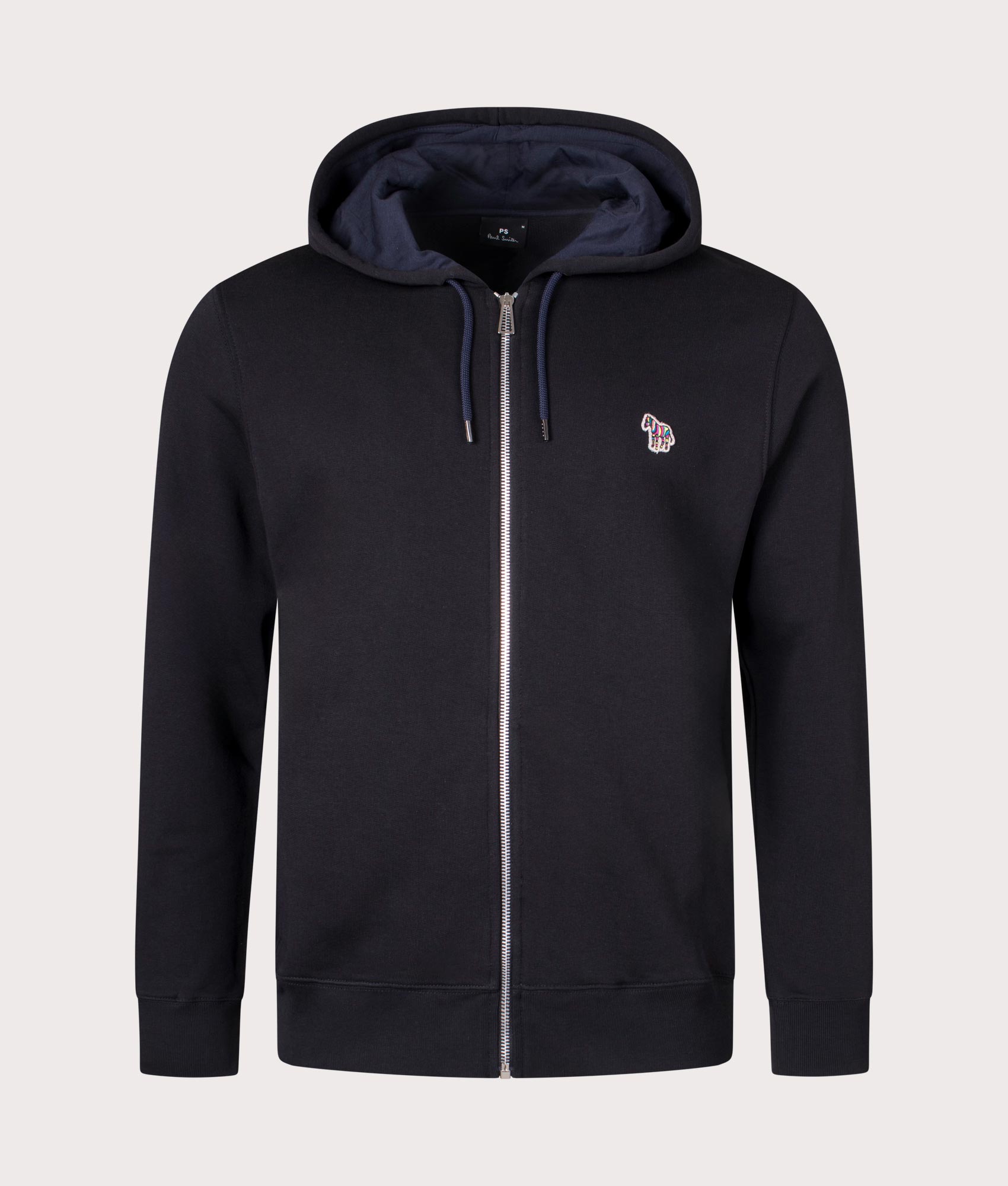 PS Paul Smith Zebra Logo Zip Through Hoodie in Black at EQVVS Menswear. Front shot.