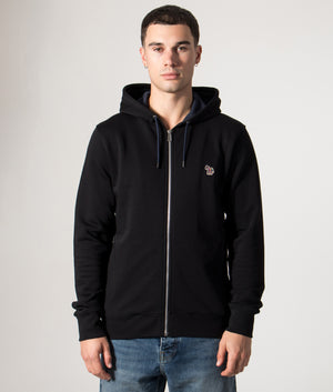 PS Paul Smith Zebra Logo Zip Through Hoodie in Black at EQVVS Menswear. Model front shot.