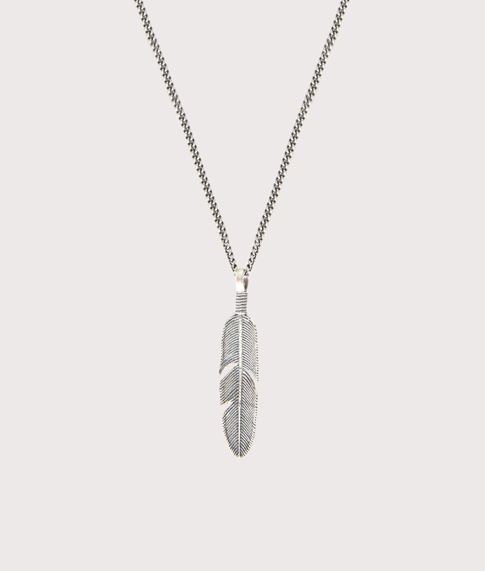 Serge DeNimes Sterling Silver Ethereal Feather Necklace in Silver at EQVVS Menswear. Front shot.