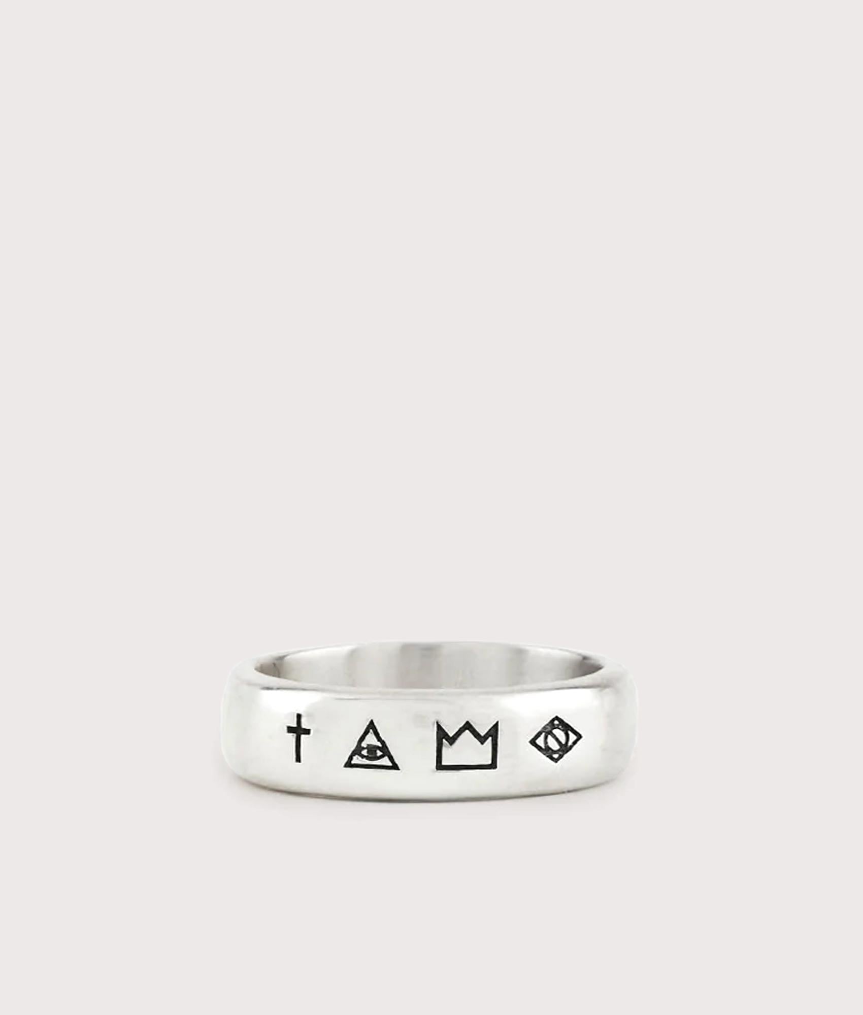 Serge DeNimes, Silver 4 Symbols Ring, Eqvvs Menswear, front shot