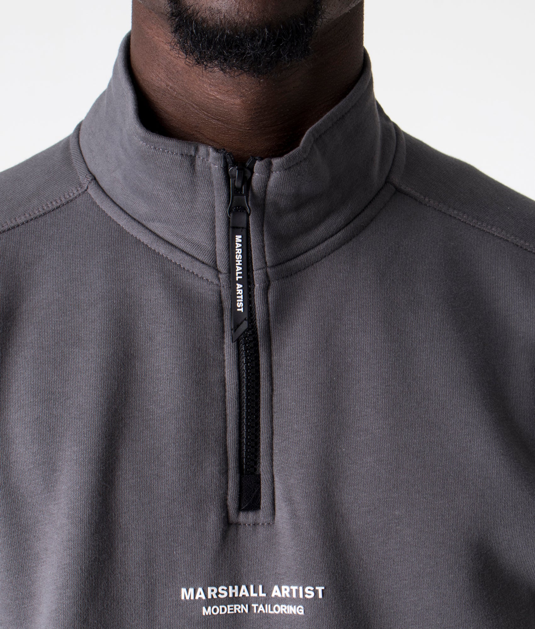 Relaxed-Fit-Siren-Quarter-Zip-Sweatshirt-Gull-Grey-Marshall-Artist-EQVVS-Detail-Image