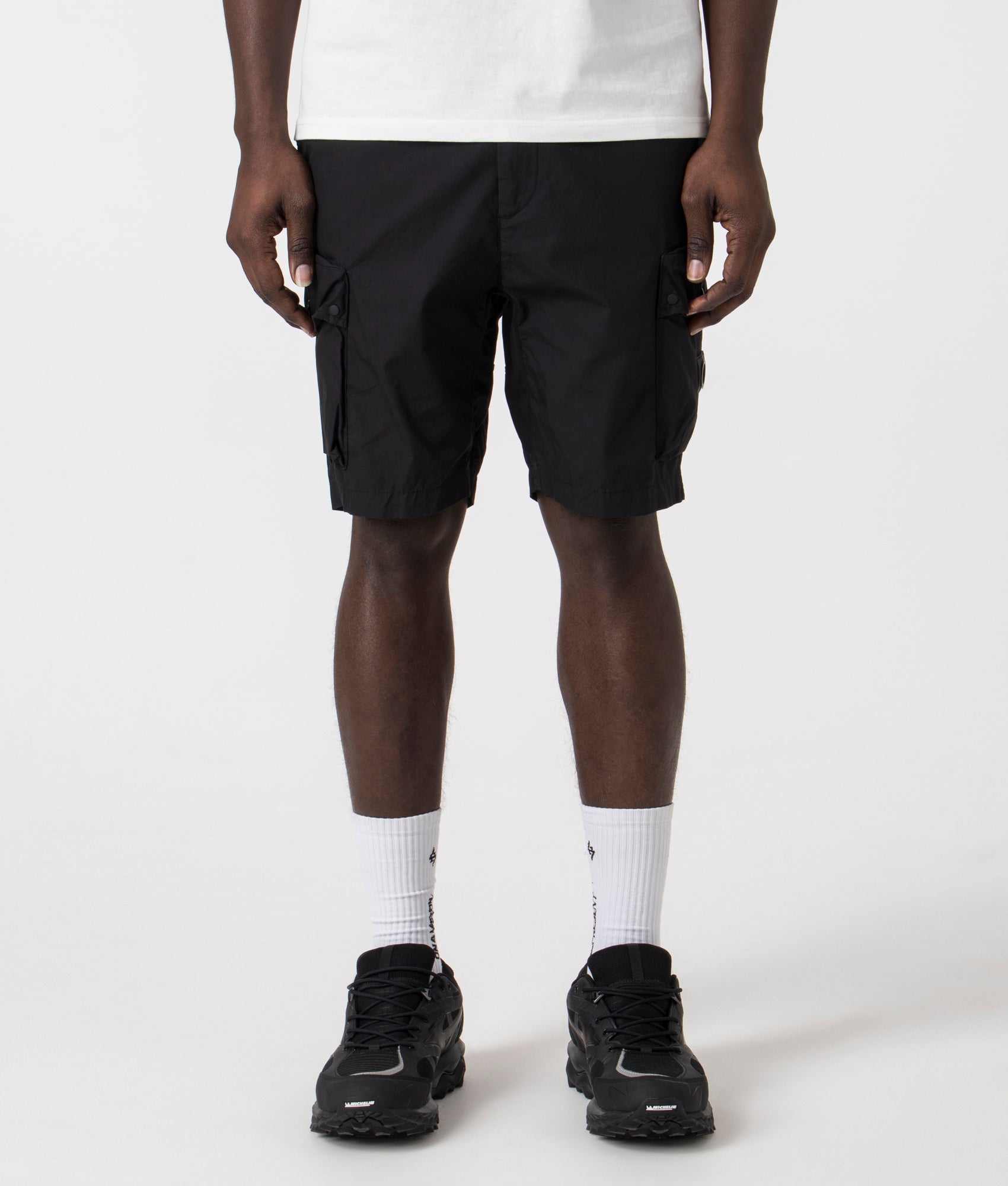 Marshall artist storma cargo short in 001 black with siren logo 100% cotton  front shot at EQVVS