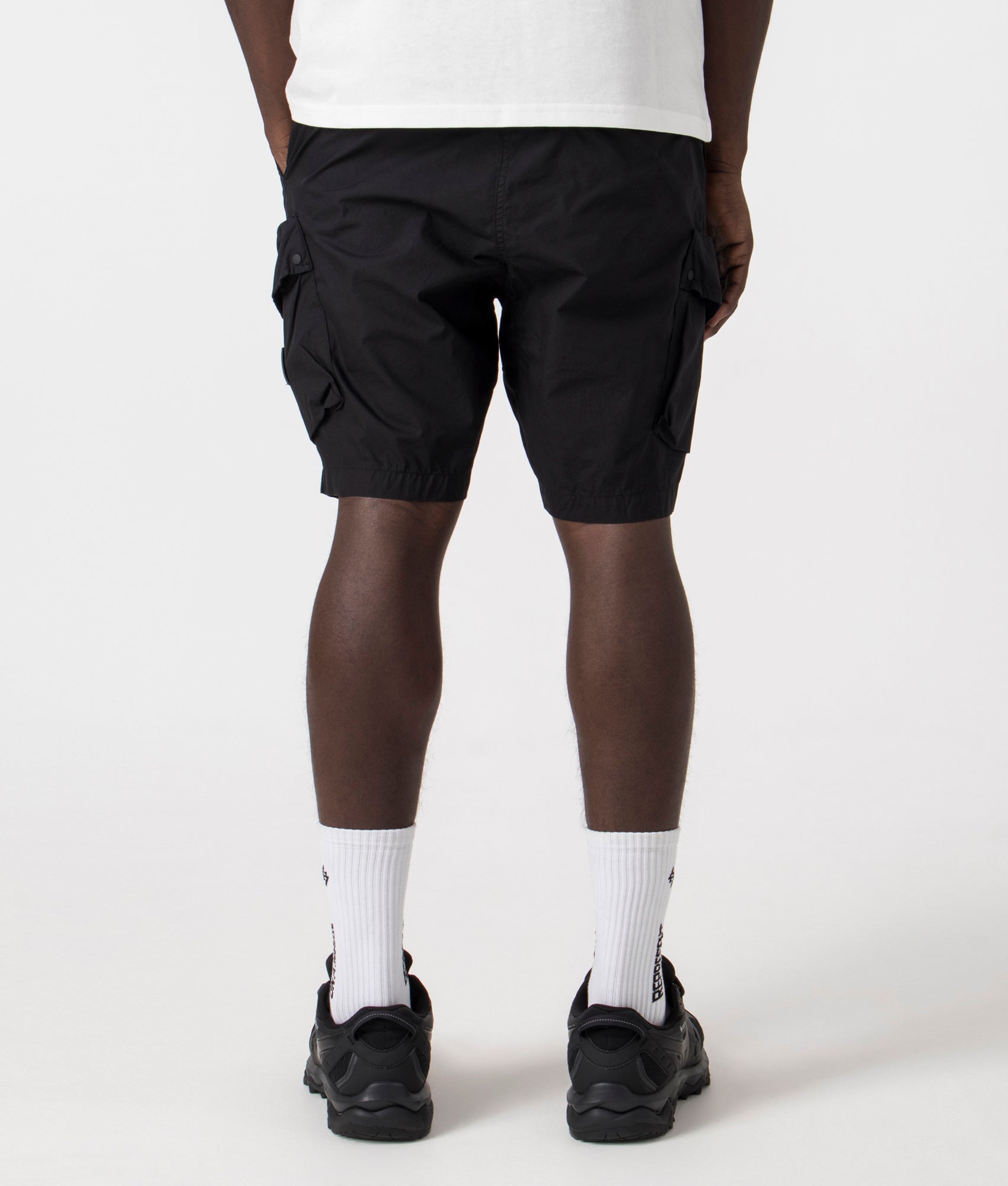 Marshall artist storma cargo short in 001 black with siren logo 100% cotton back shot at EQVVS