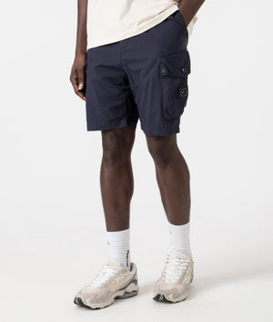 Marshall Artist Storma Cargo Shorts in Navy. Side angle shot at EQVVS. 