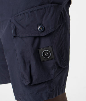 Marshall Artist Storma Cargo Shorts in Navy. Detail shot at EQVVS. 