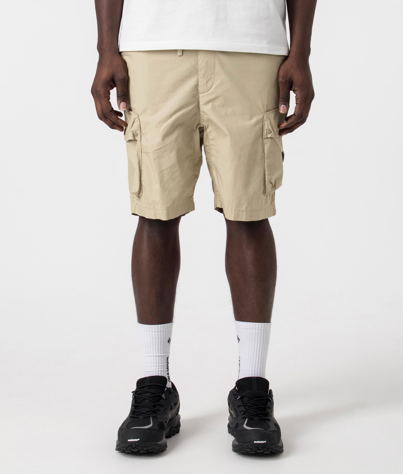 Marshall artist Storma Cargo Shorts in 010 sandstone with siren detail  front shot at EQVVS