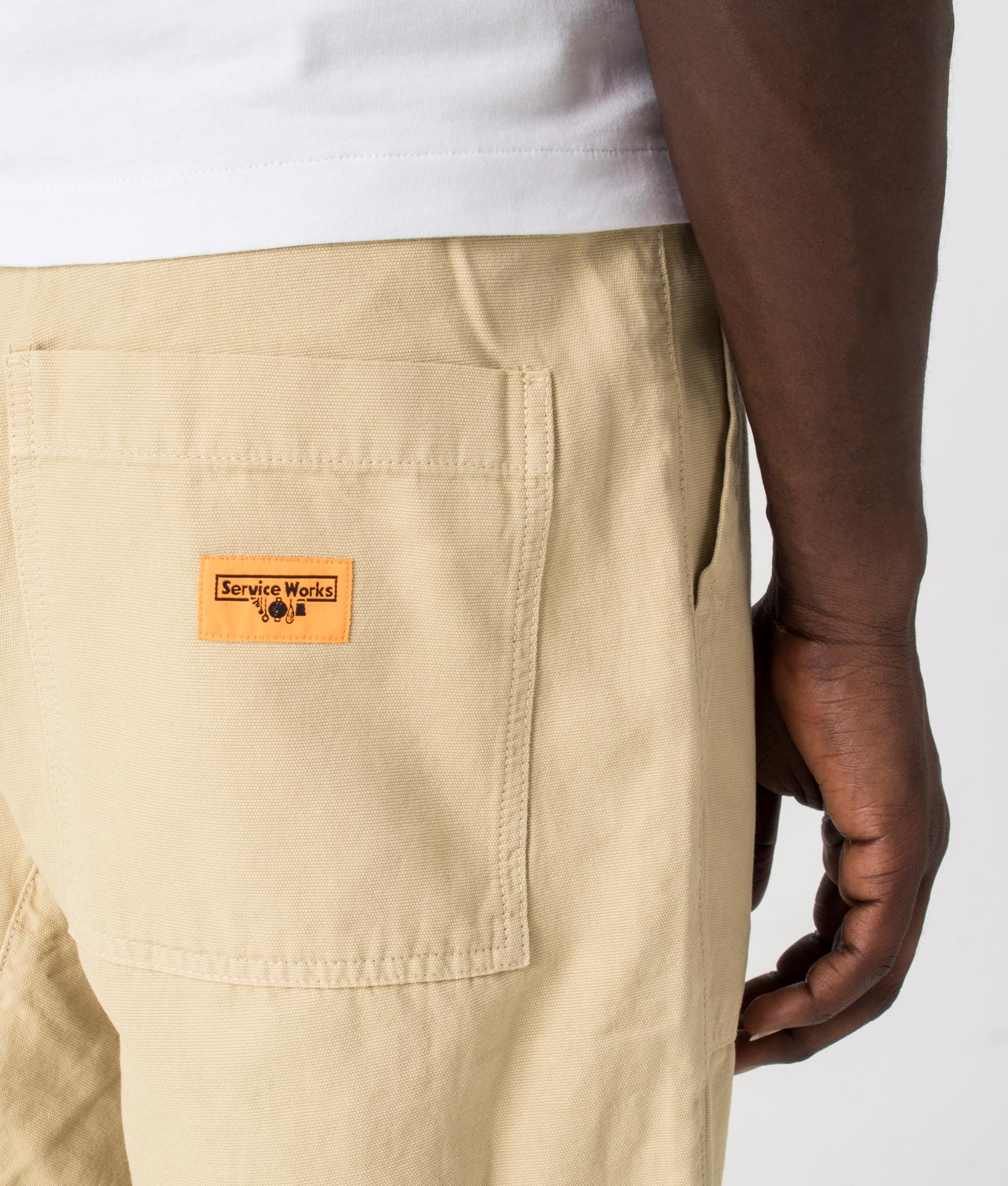 Service Works Canvas Chef Pants in Khaki at EQVVS Detail Shot. 