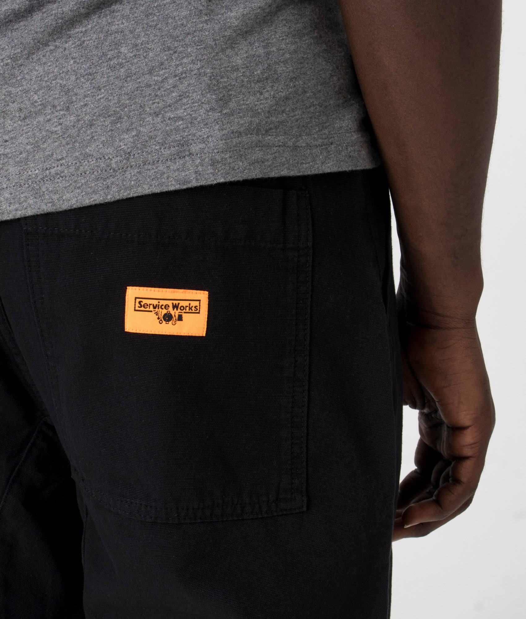Service Works Canvas Chef Pants in Black at EQVVS detail shot. 